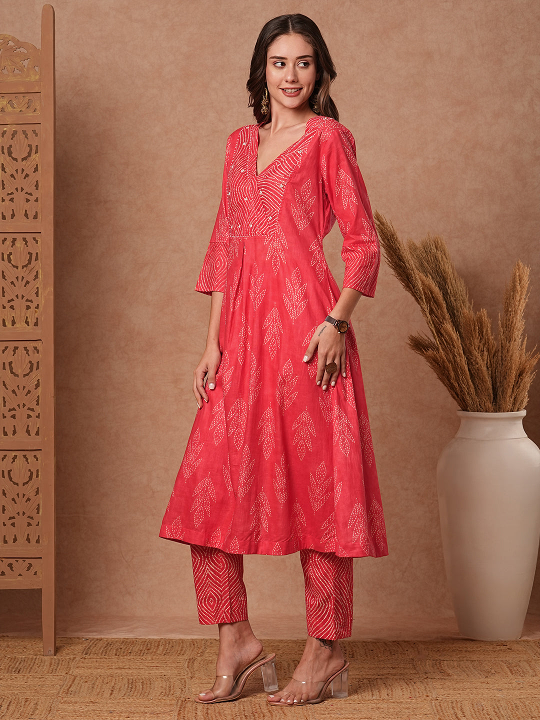 Fashor Ethnic Printed & Bead Embroidered A-Line Kurta with Pant - Peach - view 4