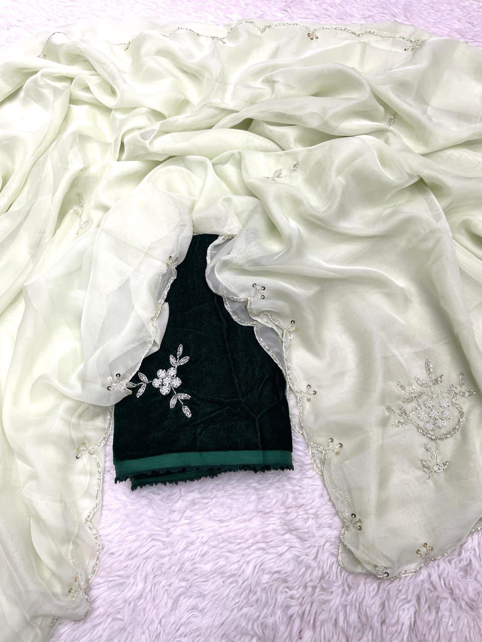 ClothsVilla Light Green Soft Organza Saree with Exquisite Handwork & Velvet Silk Blouse - view 2