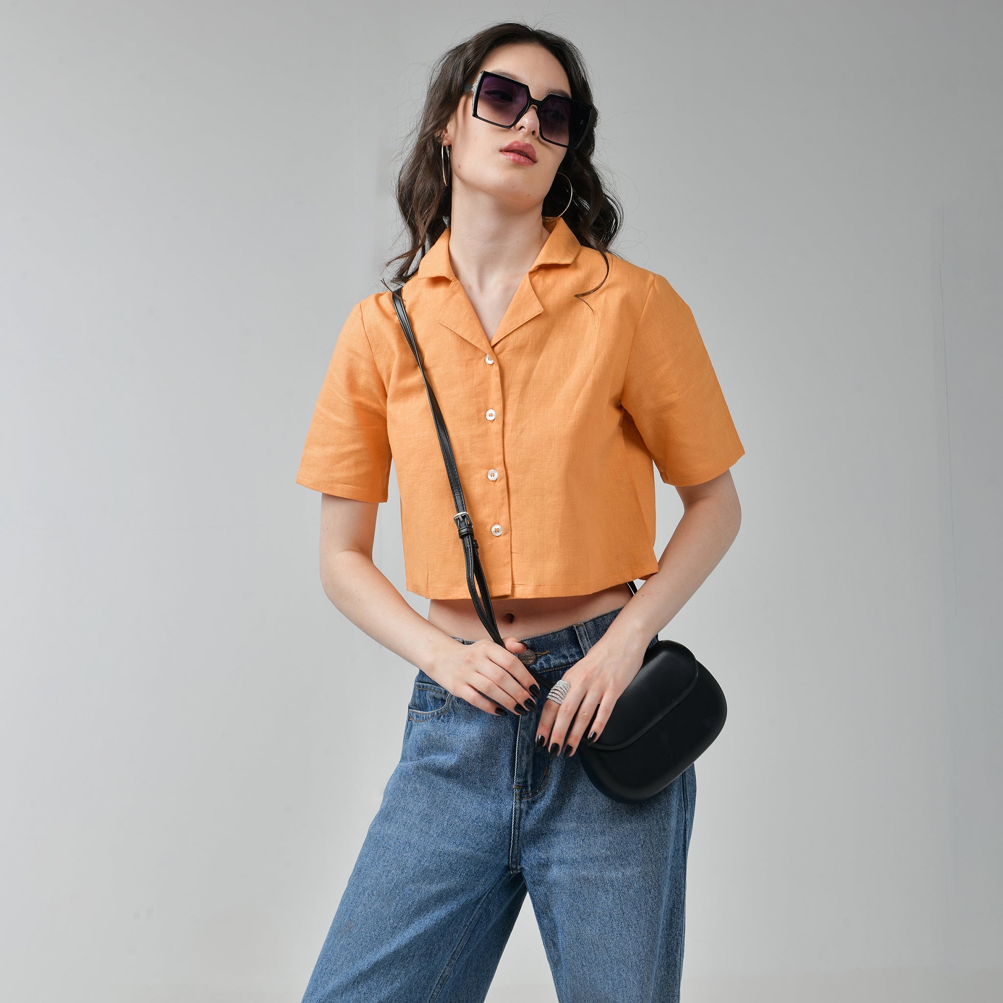 I Z F Baggy Jeans & Orange Crop Linen Shirt Set for Women - view 6