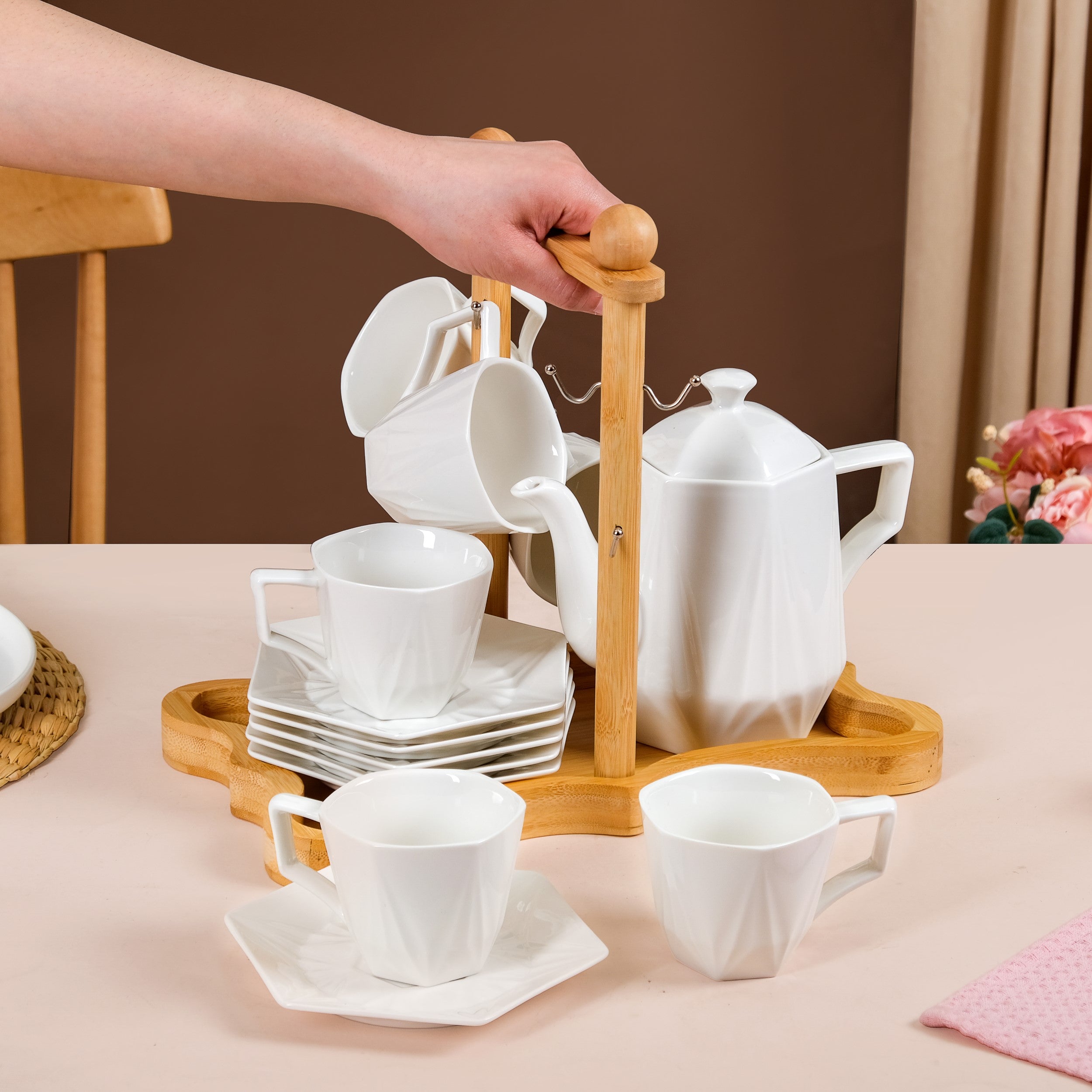 Nestasia Hexagonal Minimalist White Tea Set With Wooden Stand - view 2