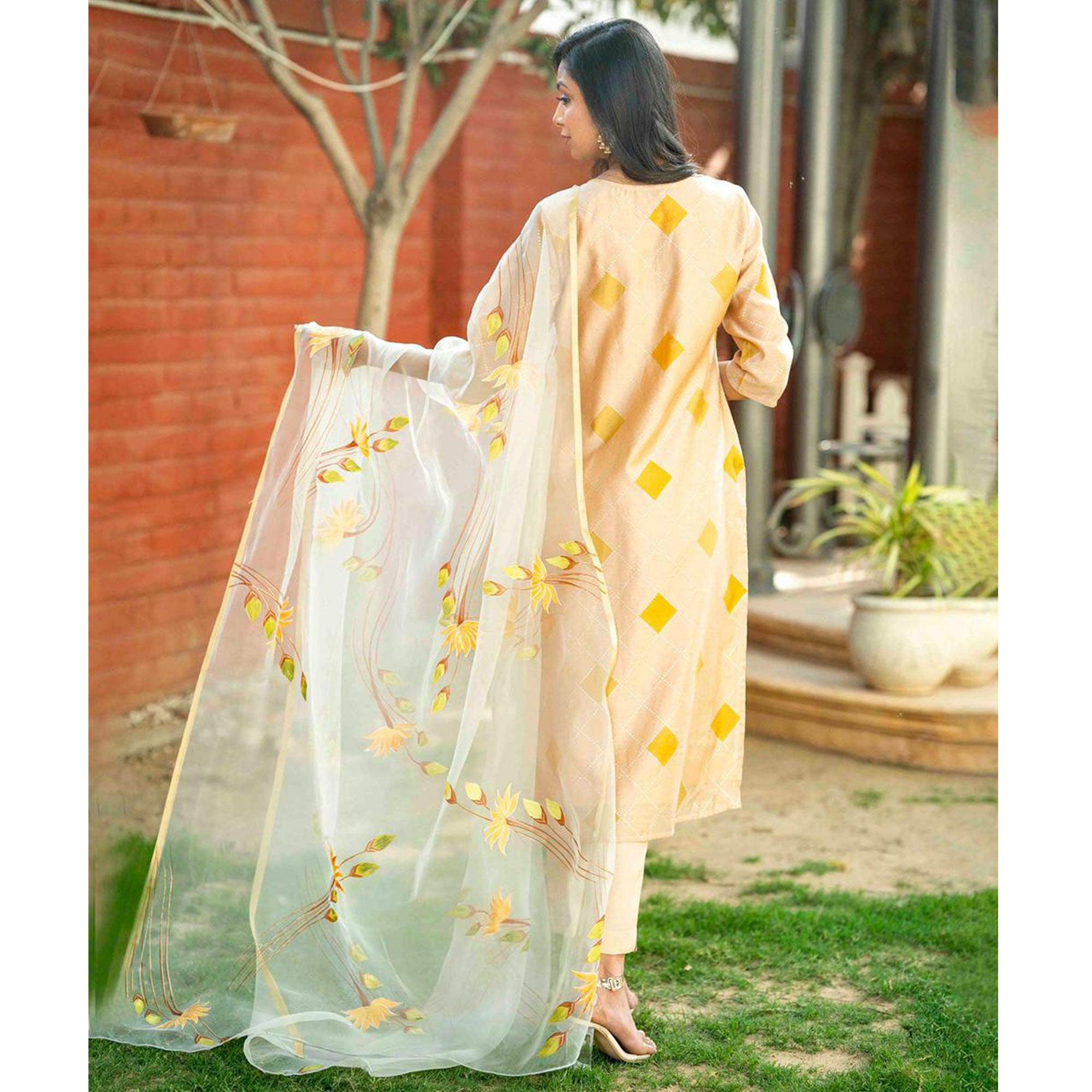 Peachmode Cream Partywear Printed Cotton Silk Kurti Pant Set With Dupatta - view 2