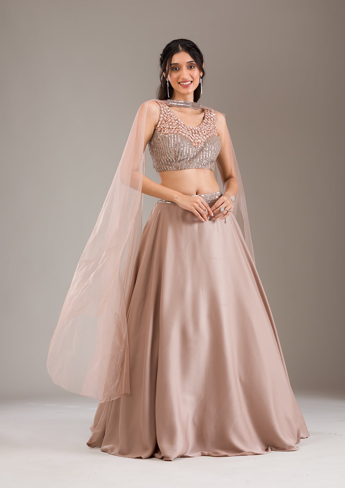 Koskii Light Brown Sequins Satin Readymade Lehenga