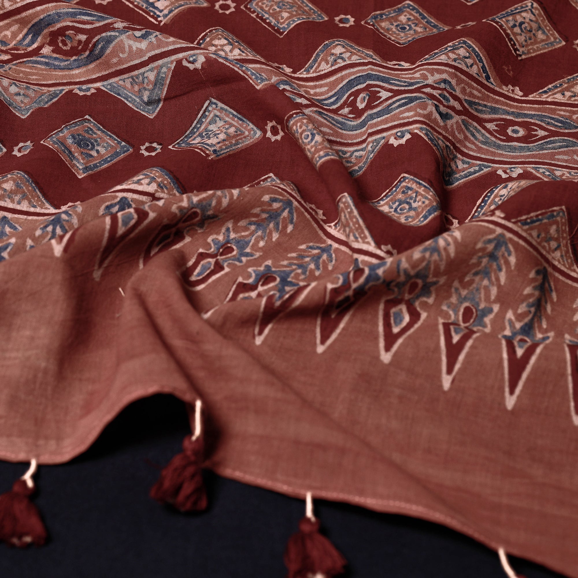 RIYAZ ABDULMAJID KHATRI - AJRAKH Brown - Ajrakh Block Printed Mul Cotton Stole with Tassels - view 2