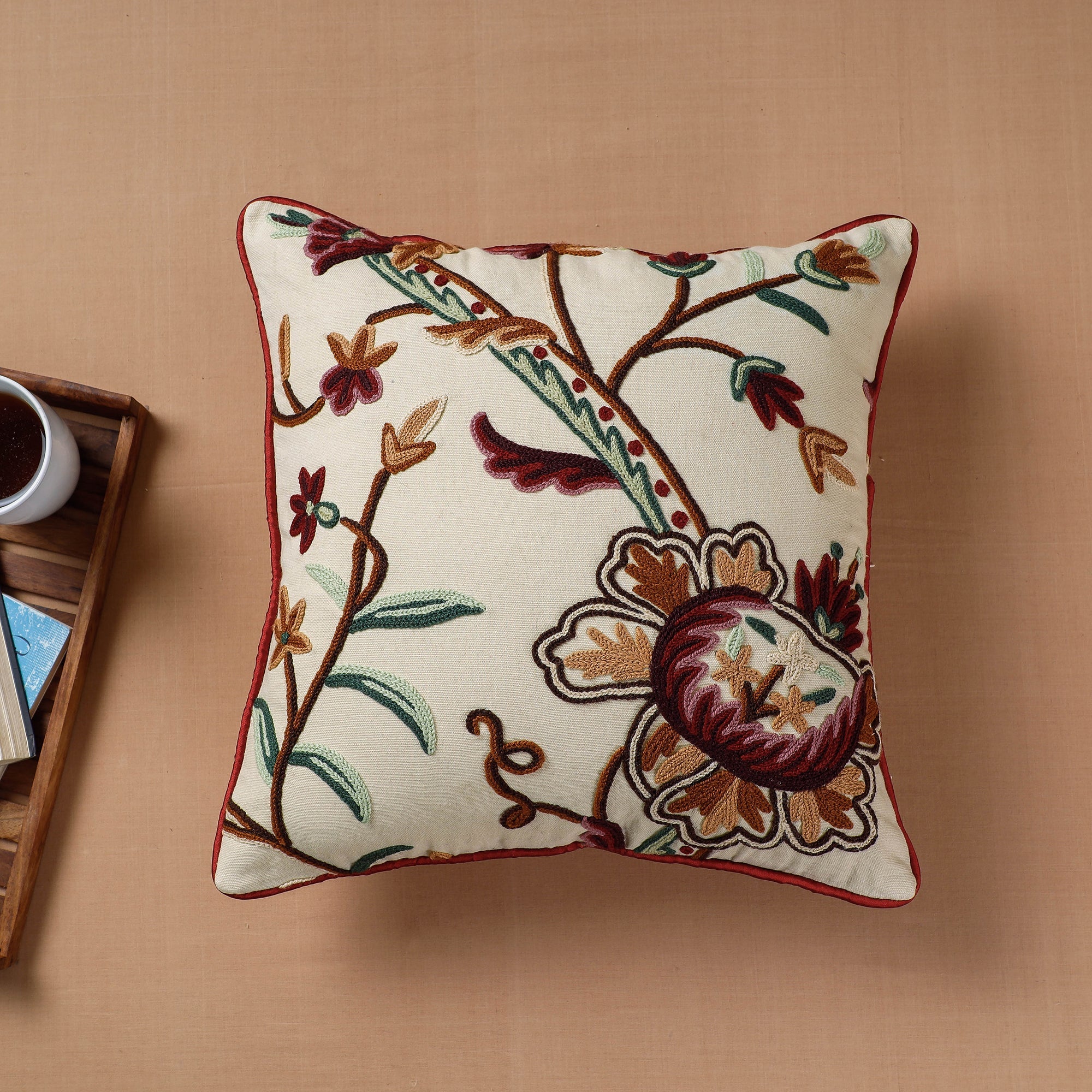 ITOKRI CRAFTS INITIATIVE Brown - Aari Hand Embroidery Cotton Duck Cushion Cover (16 x 16 in)