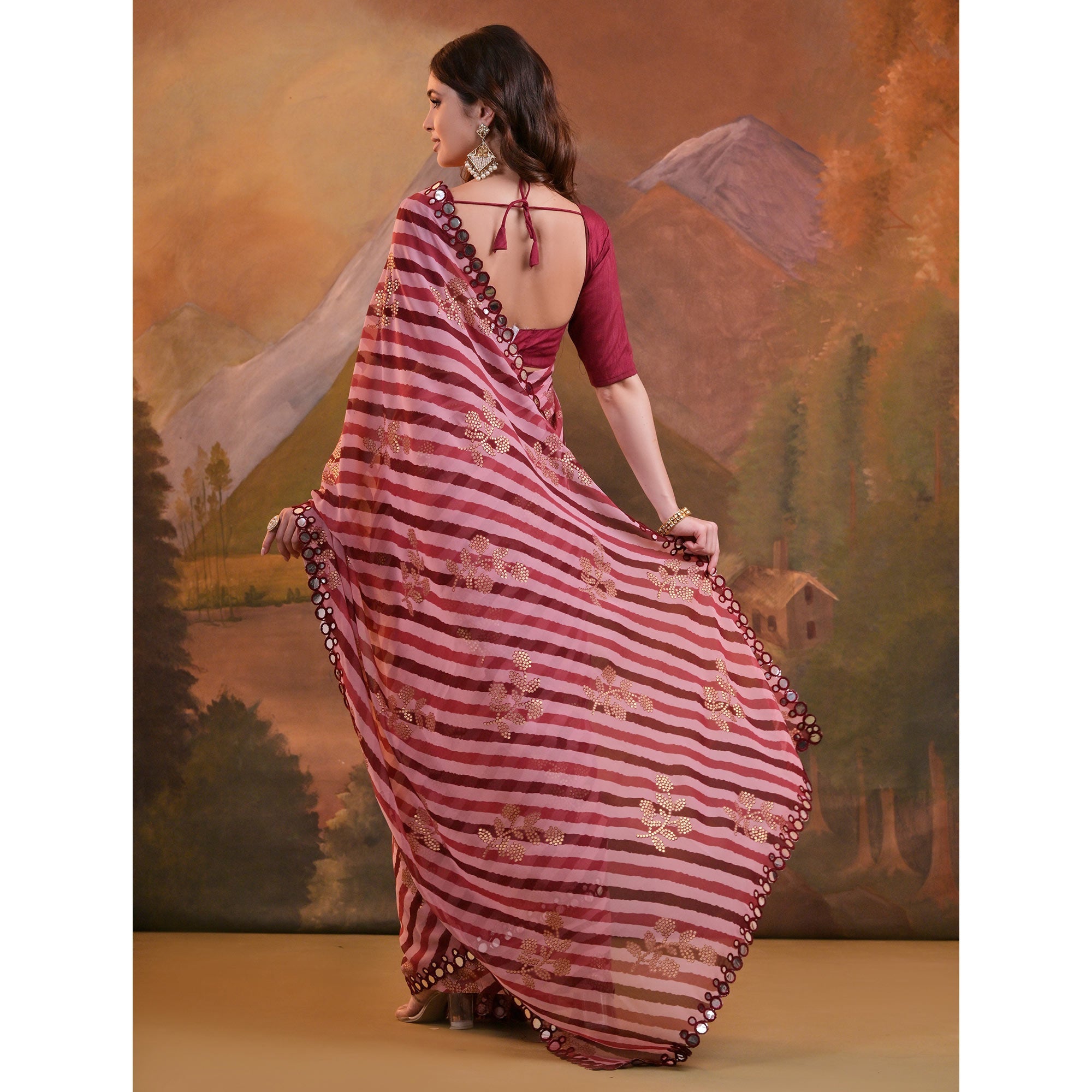 Peachmode Maroon Leheriya With Floral Foil Printed Georgette Saree - view 5