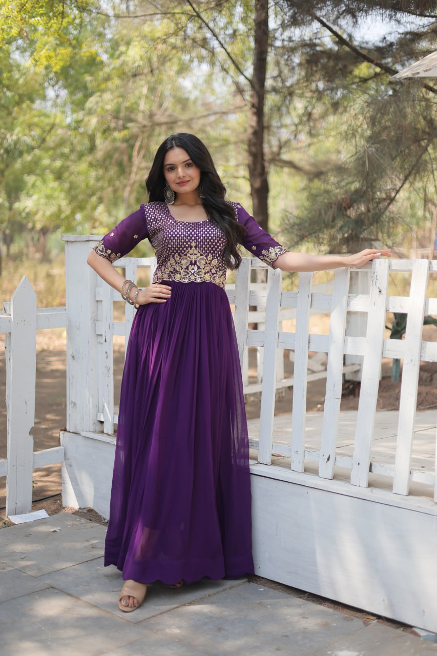 ClothsVilla Purple Luxury Embroidered Designer Gown for Women