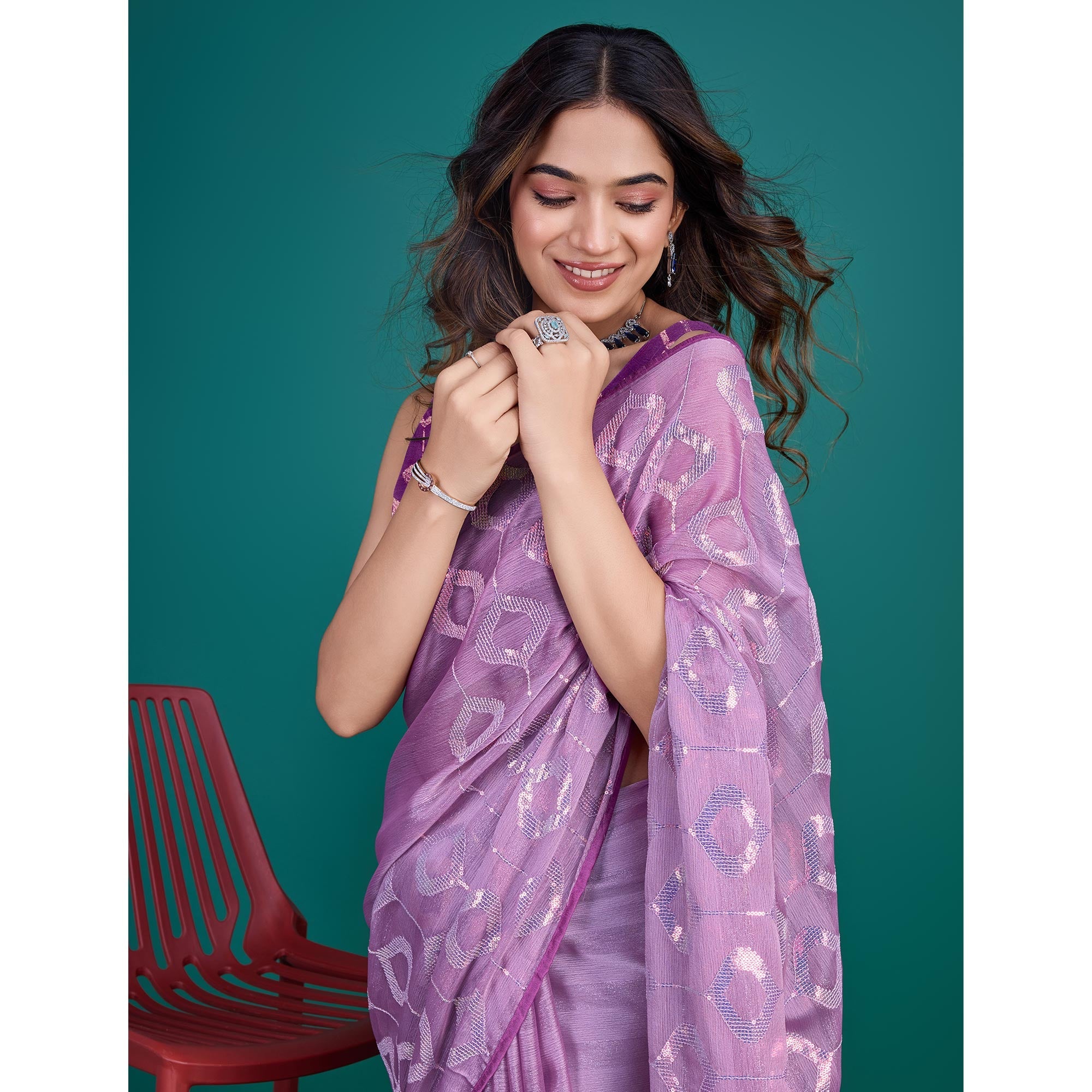 Peachmode Lavender Sequin Embroidered Georgette Saree - view 8