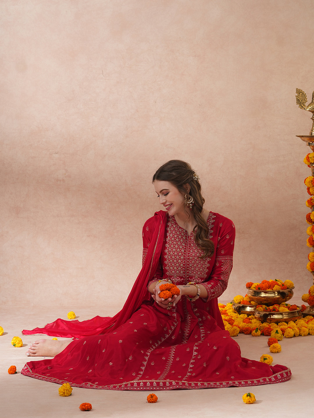 FASHOR Solid Ethnic Embroidered Anarkali Flared Kurta with Pant & Dupatta - Red