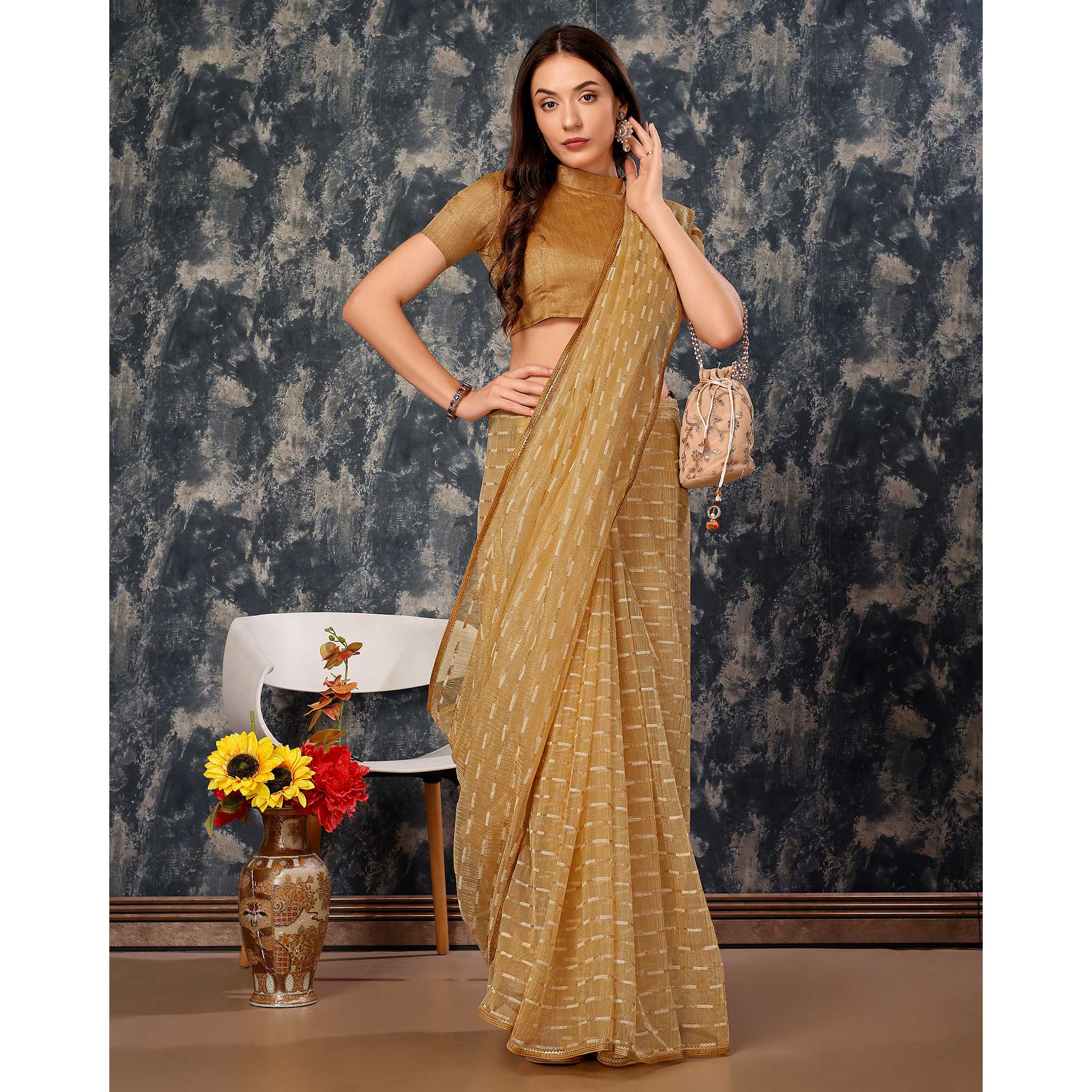Peachmode Chikoo Zari Printed Cotton Silk Saree Lace Border - view 5