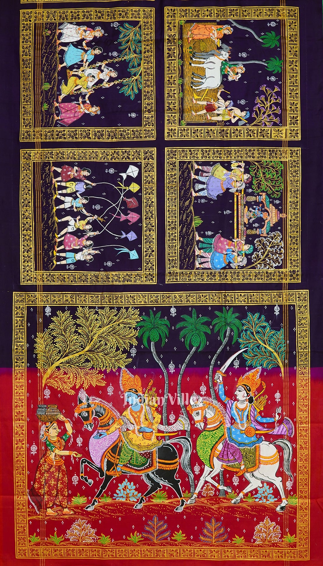 IndianVillèz Blackberry Hindu Festival Hand-Painted Pattachitra Saree