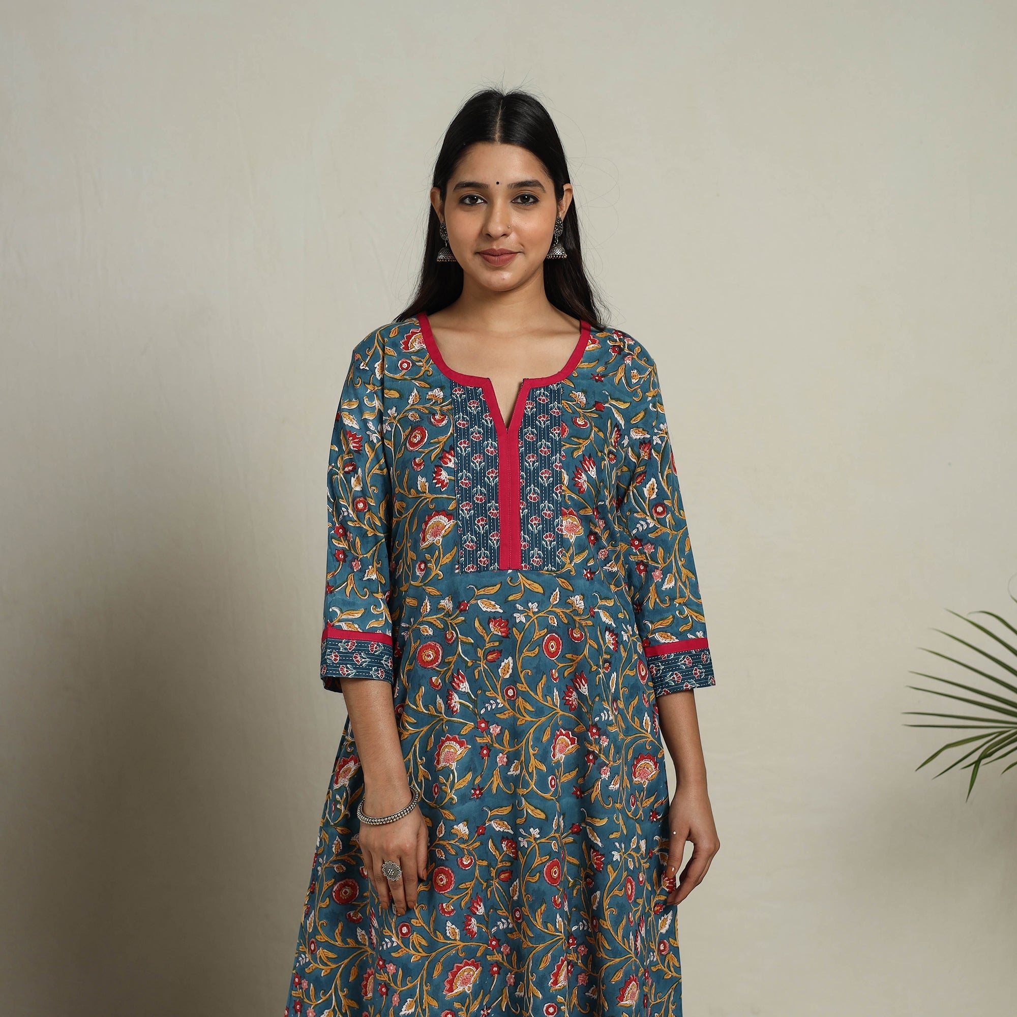 ITOKRI CASUALS Blue - Block Print Mosaic Fusion A-Line Sanganeri Cotton Kurta