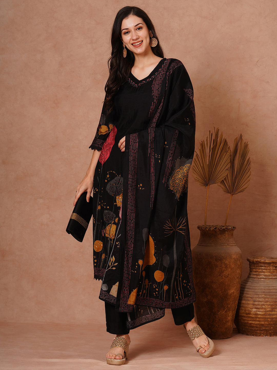 FASHOR Abstract Floral Printed & Hand Embroidered Straight Fit Kurta with Pant and Dupatta - Black - view 2