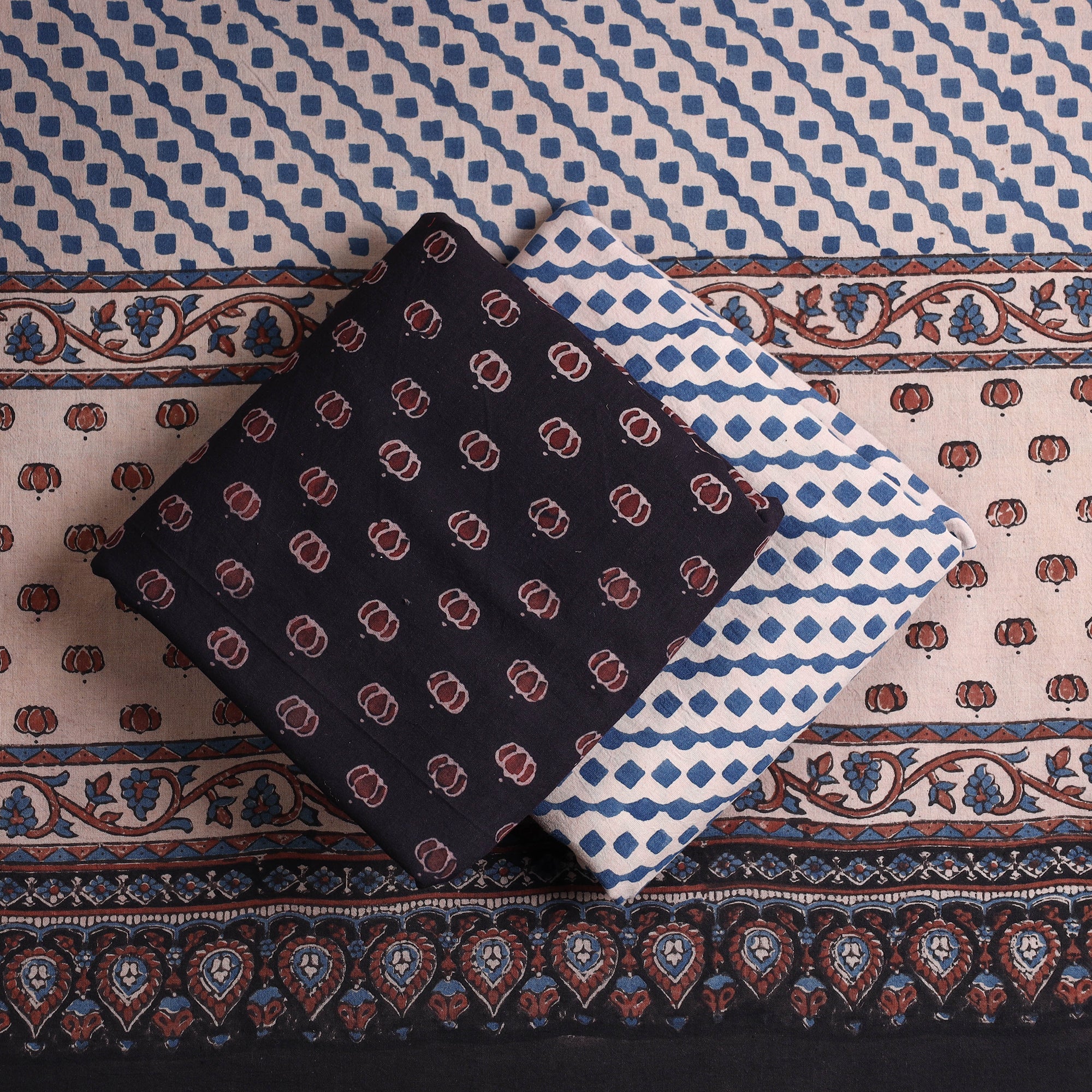 AJRAKH BY JABBAR KHATRI Black - Kutch Block Print Cotton 3pc Ajrakh Dress Material 09 - view 2