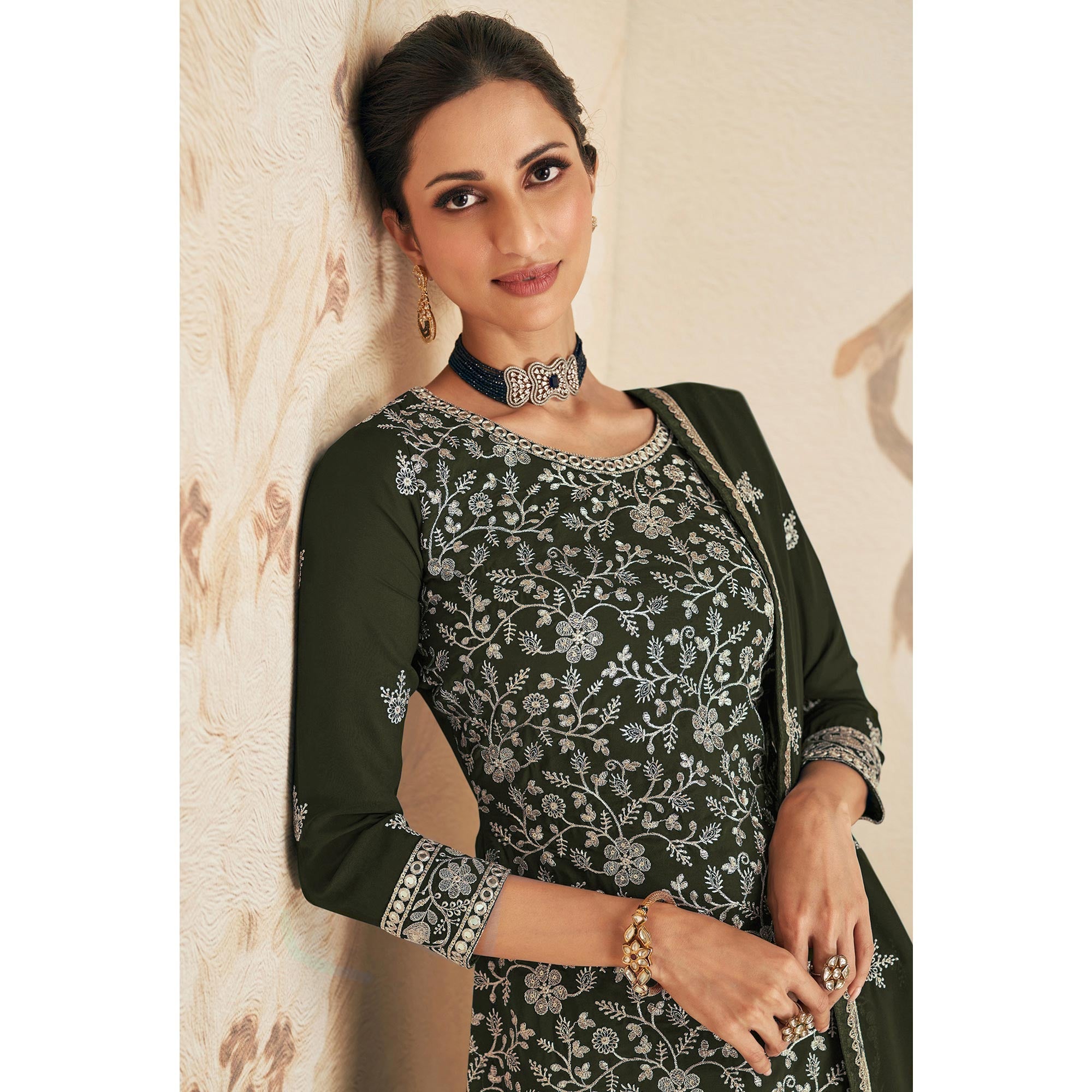 Peachmode Dark Olive Green Sequins Embroidered Georgette Semi Stitched Sharara Suit - view 4