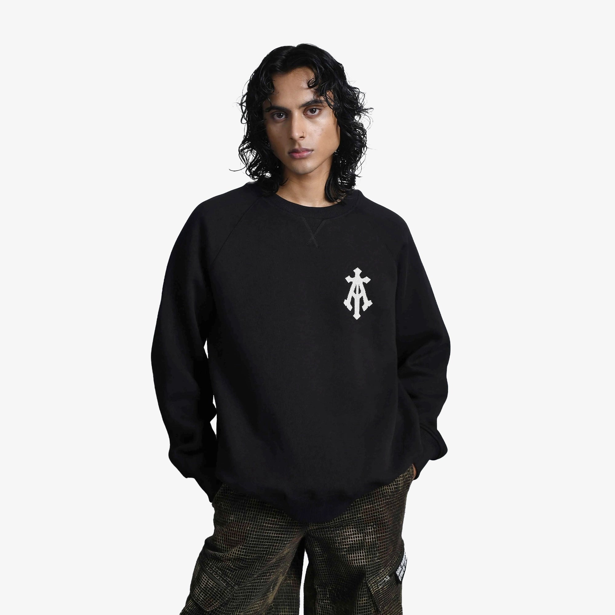 Almost Gods | Alpha Cross Hand Embroidered Aari Sweatshirt { Black