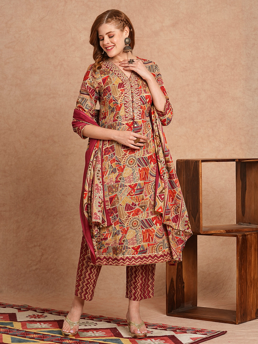 FASHOR Ethnic Foil Printed & Embroidered Straight Kurta with Pant & Dupatta - Maroon