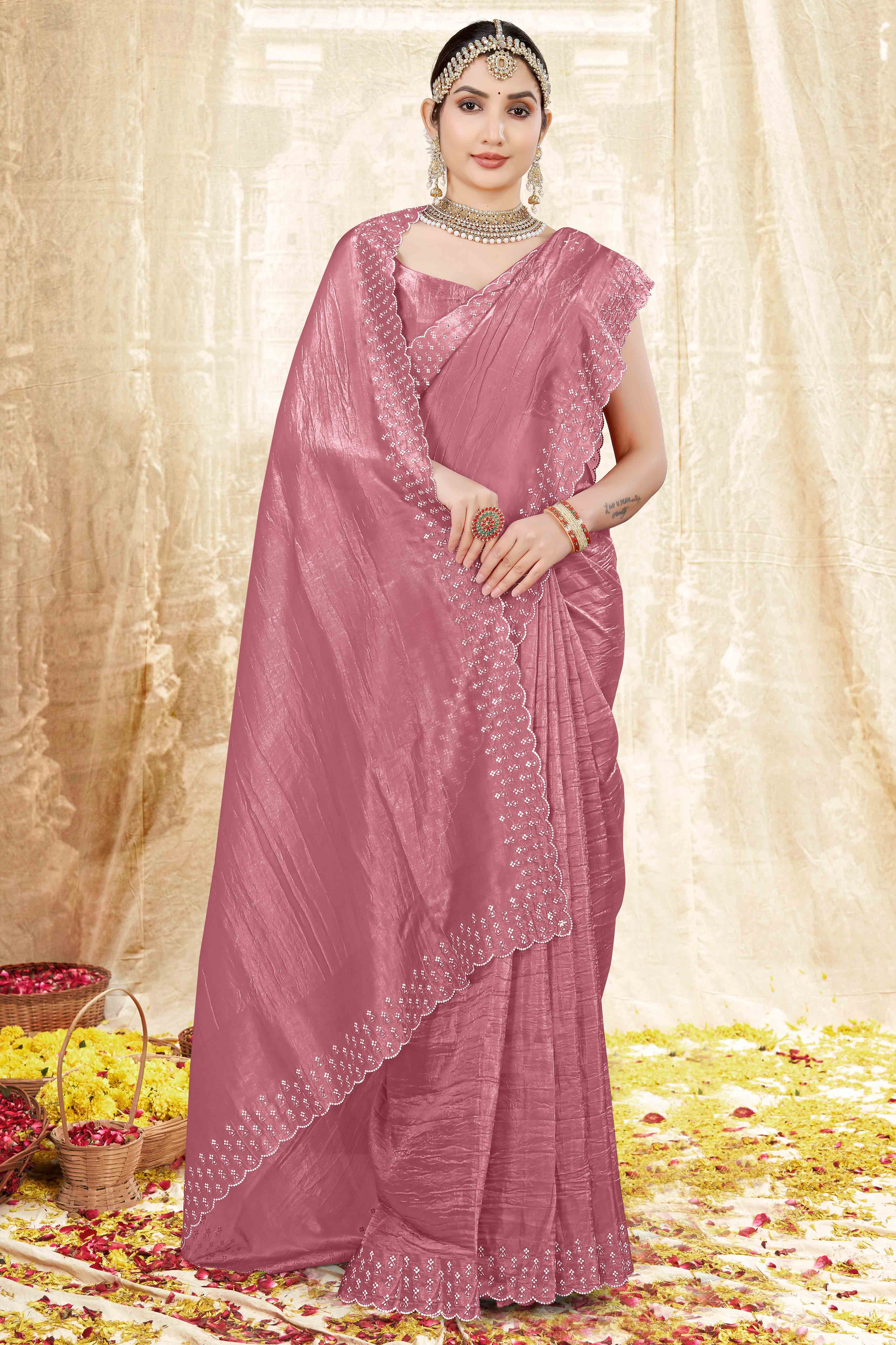 Peachmode Dusty Pink Zarkan Diamond Work Tissue Gold Crush Saree