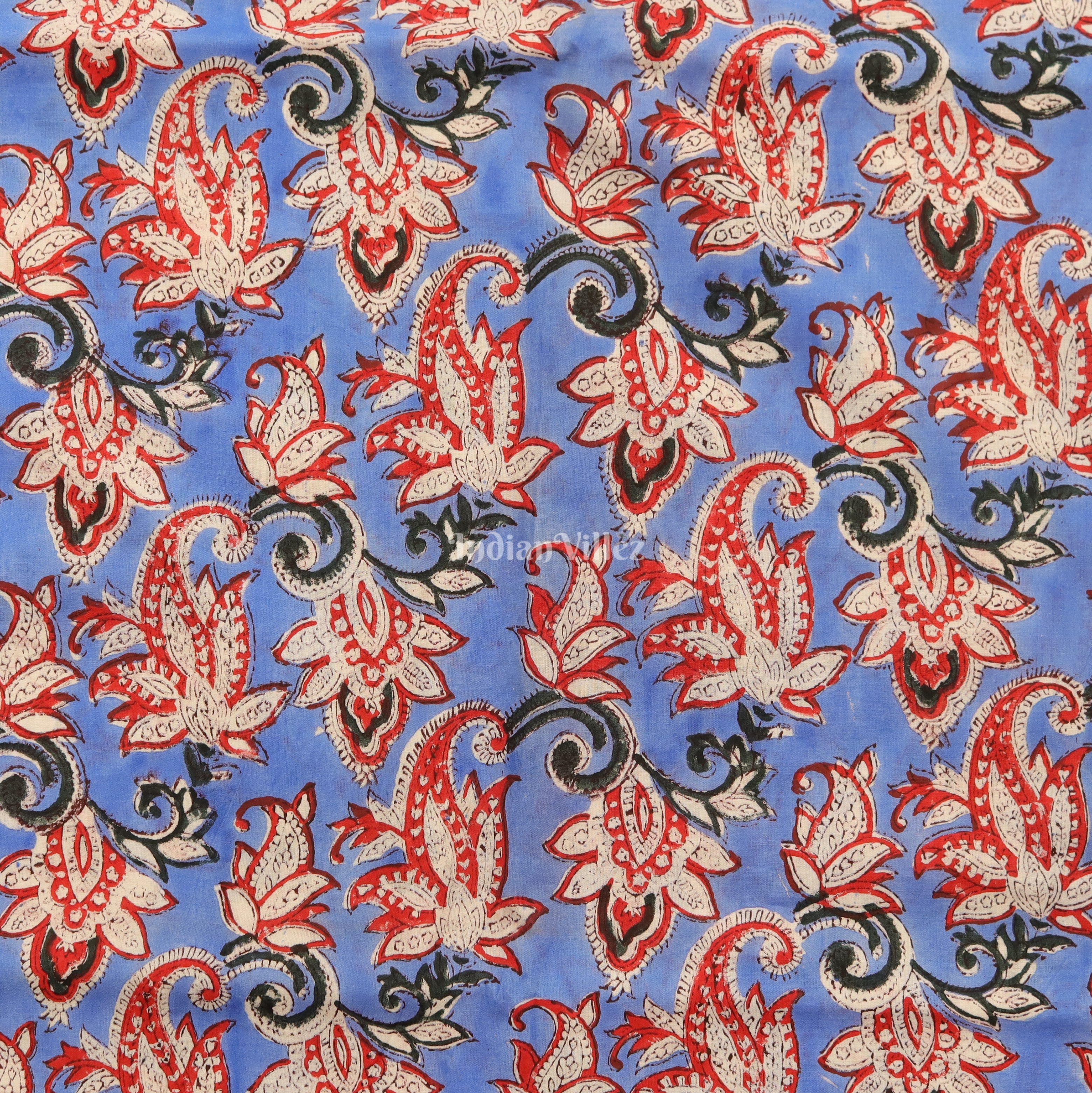 IndianVillèz Blue Multi Color Flower Motif Hand Block Printed Cotton Fabric - view 2