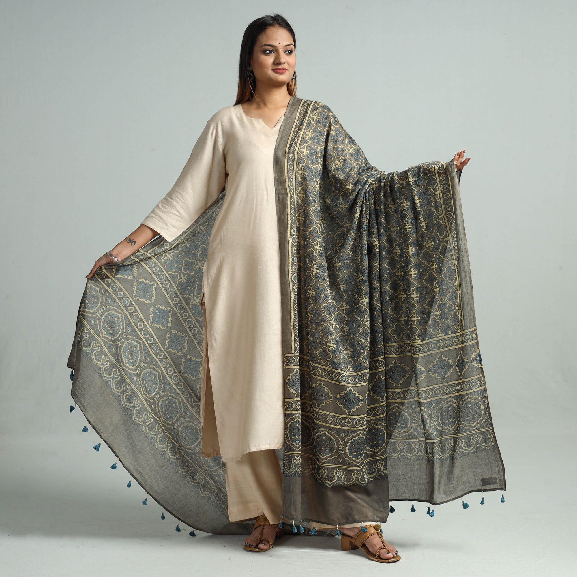 AJRAKH BY SUFIYAN ISMAIL KHATRI Brown - Hand Block Printed Cotton Ajrakh Dupatta 41