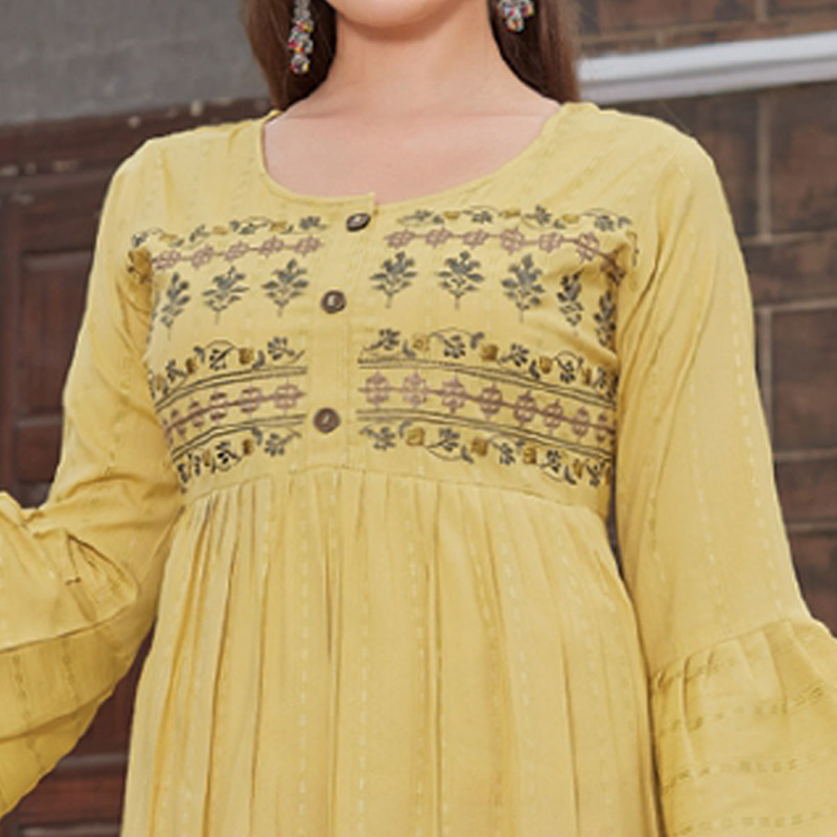 Peachmode Seller Mehendi Green Floral Embroidered Rayon Naira Cut Kurti - view 3