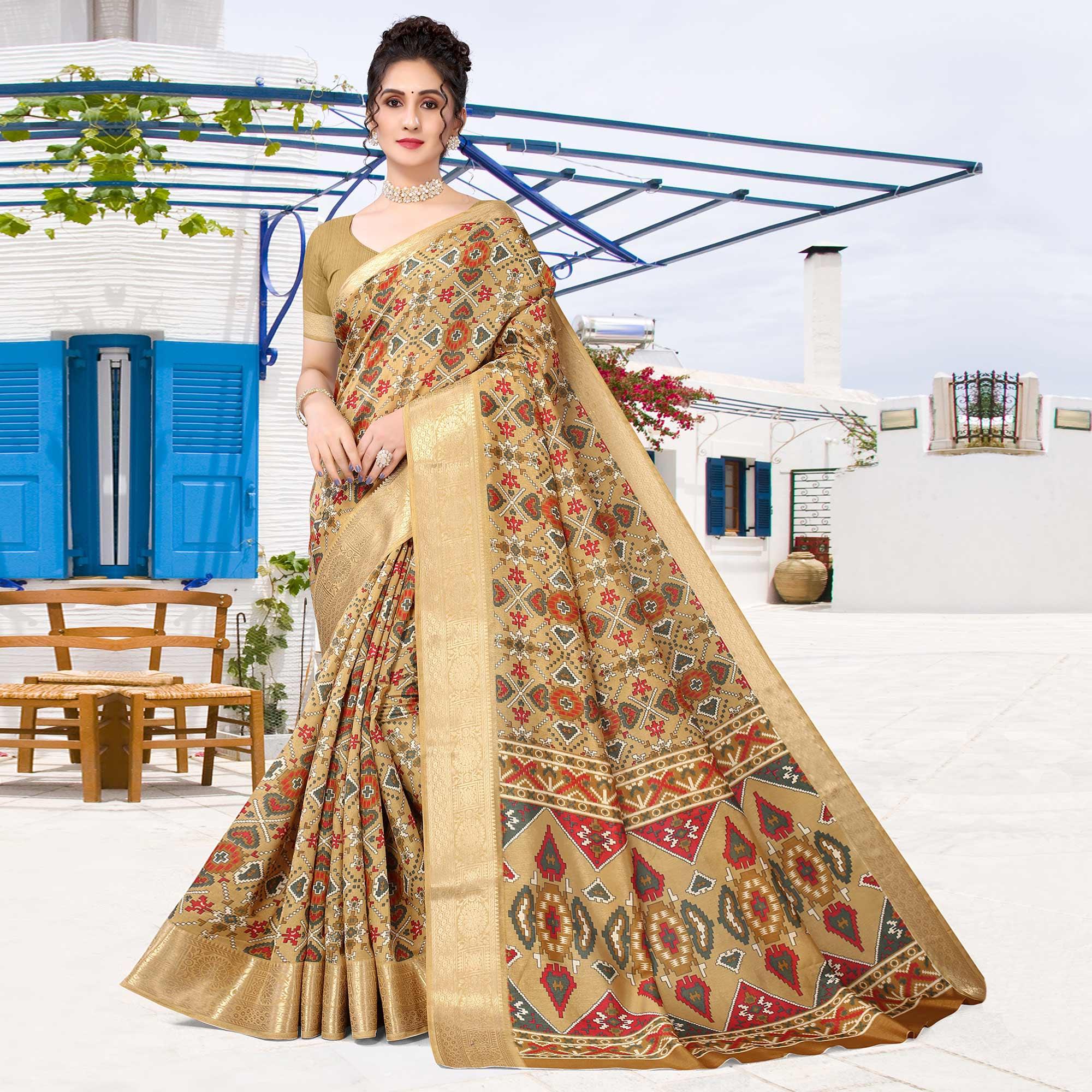 Peachmode Brown Patola Printed Dola Silk Saree
