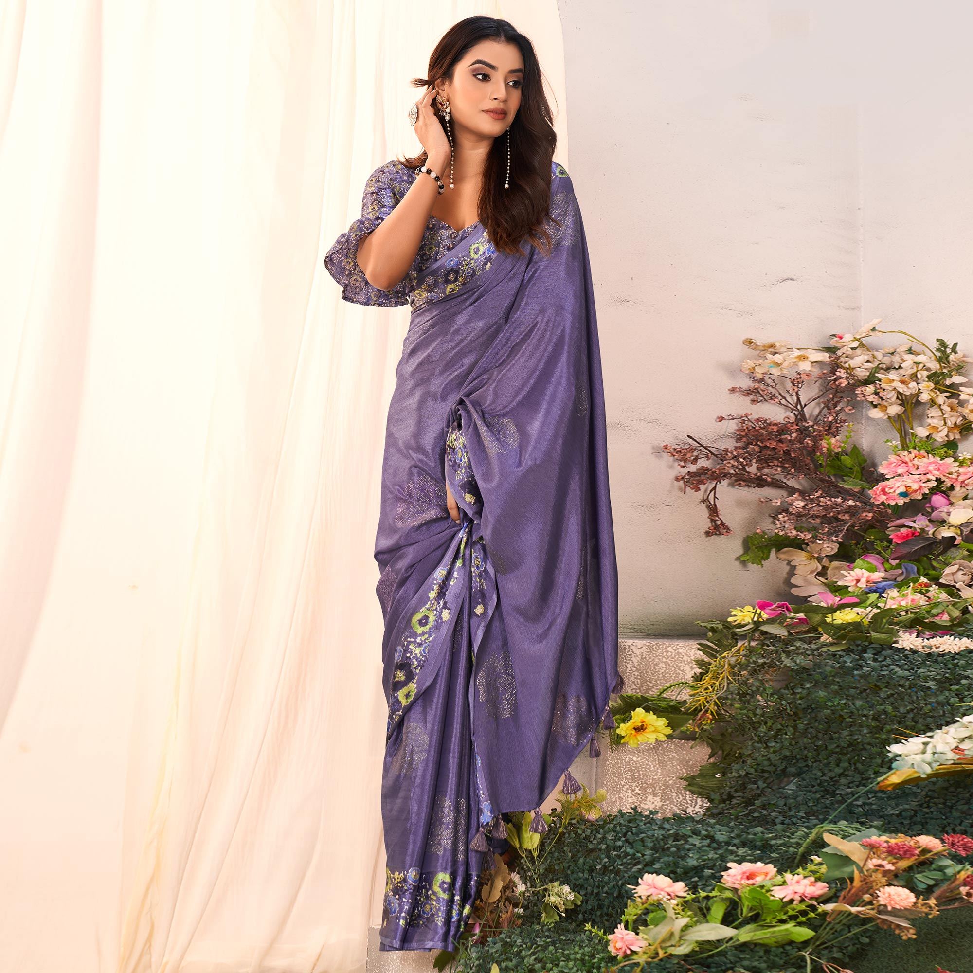 Peachmode Lavender Floral Foil Printed Chiffon Saree With Tassels