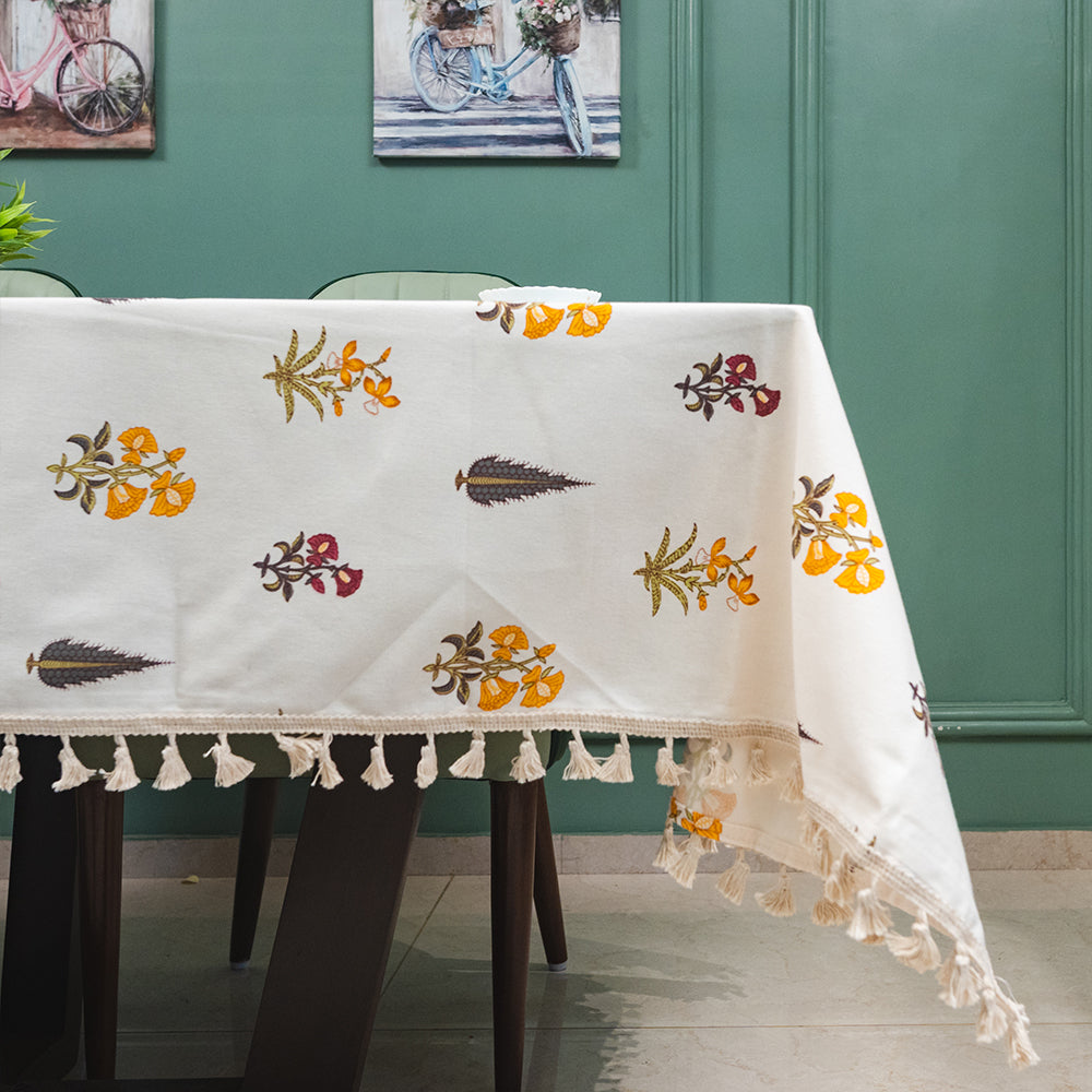 100 cotton dining – Urban Space Home Furnishing 100% Cotton Dining Table Cover, Printed Cotton Table Cloth with Boho Tassels - High Garden Yellow