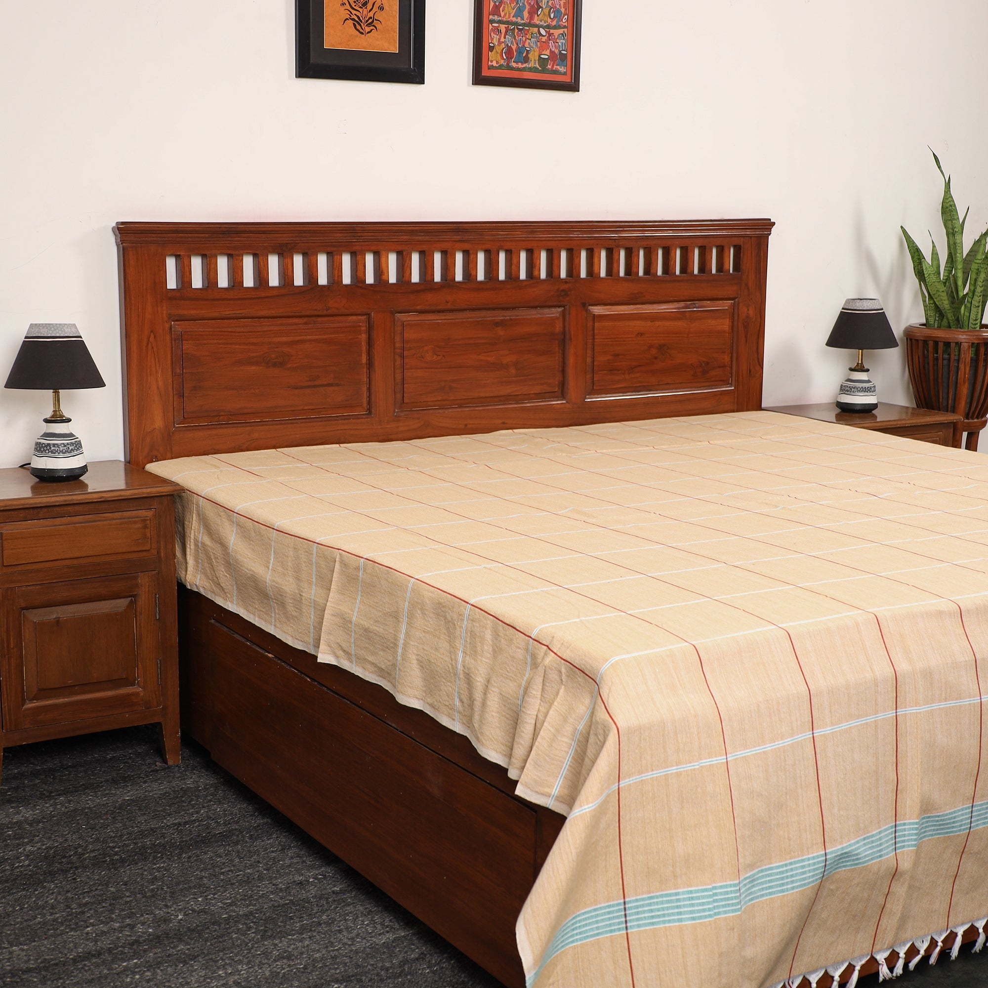 GWALIOR HANDLOOMS Beige - Pure Handloom Cotton Double Bed Cover (108 x 90 in) 07