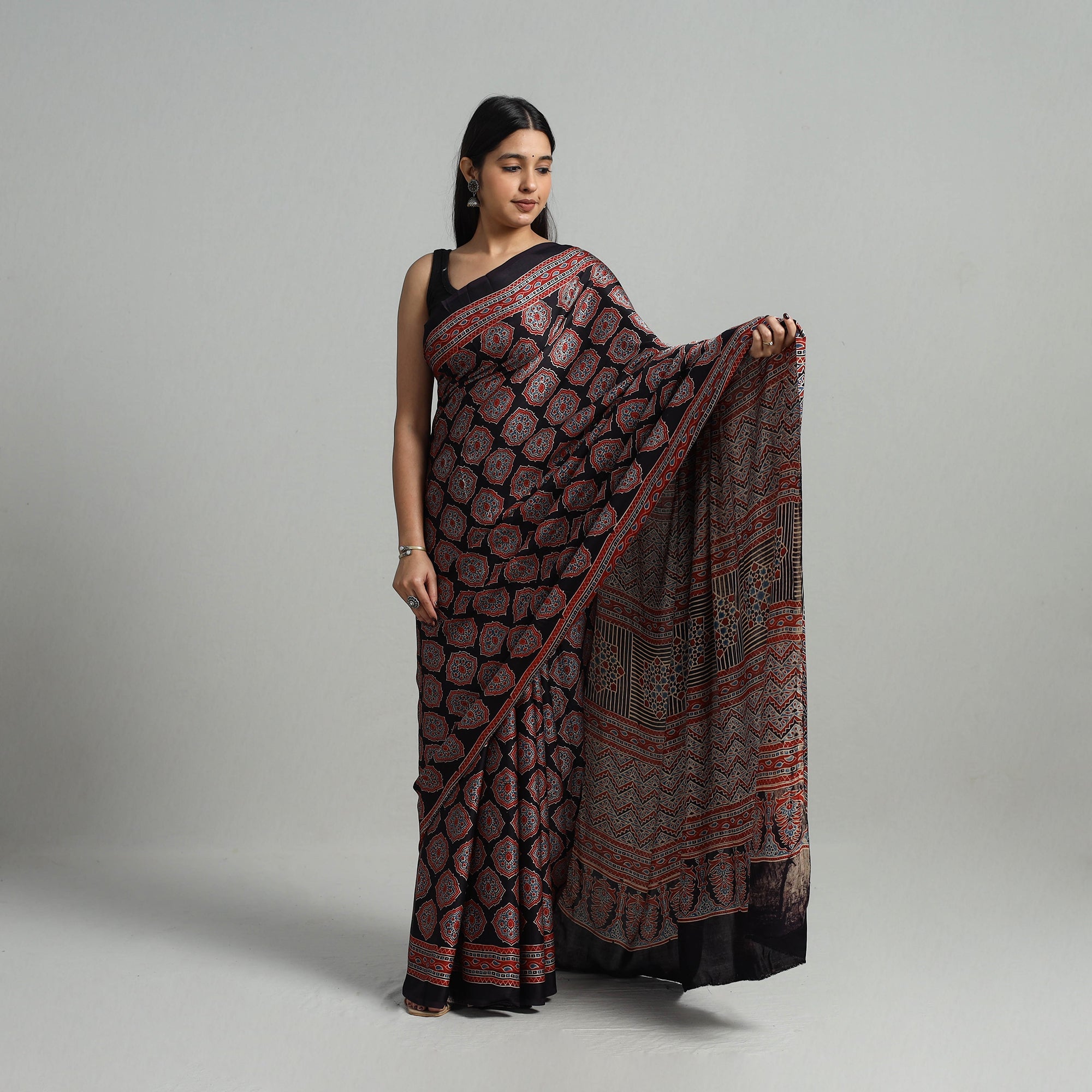 KACHCHH JI CHHAAP Black - Natural Dyed Hand Block Print Modal Silk Ajrakh Saree 16 - view 2