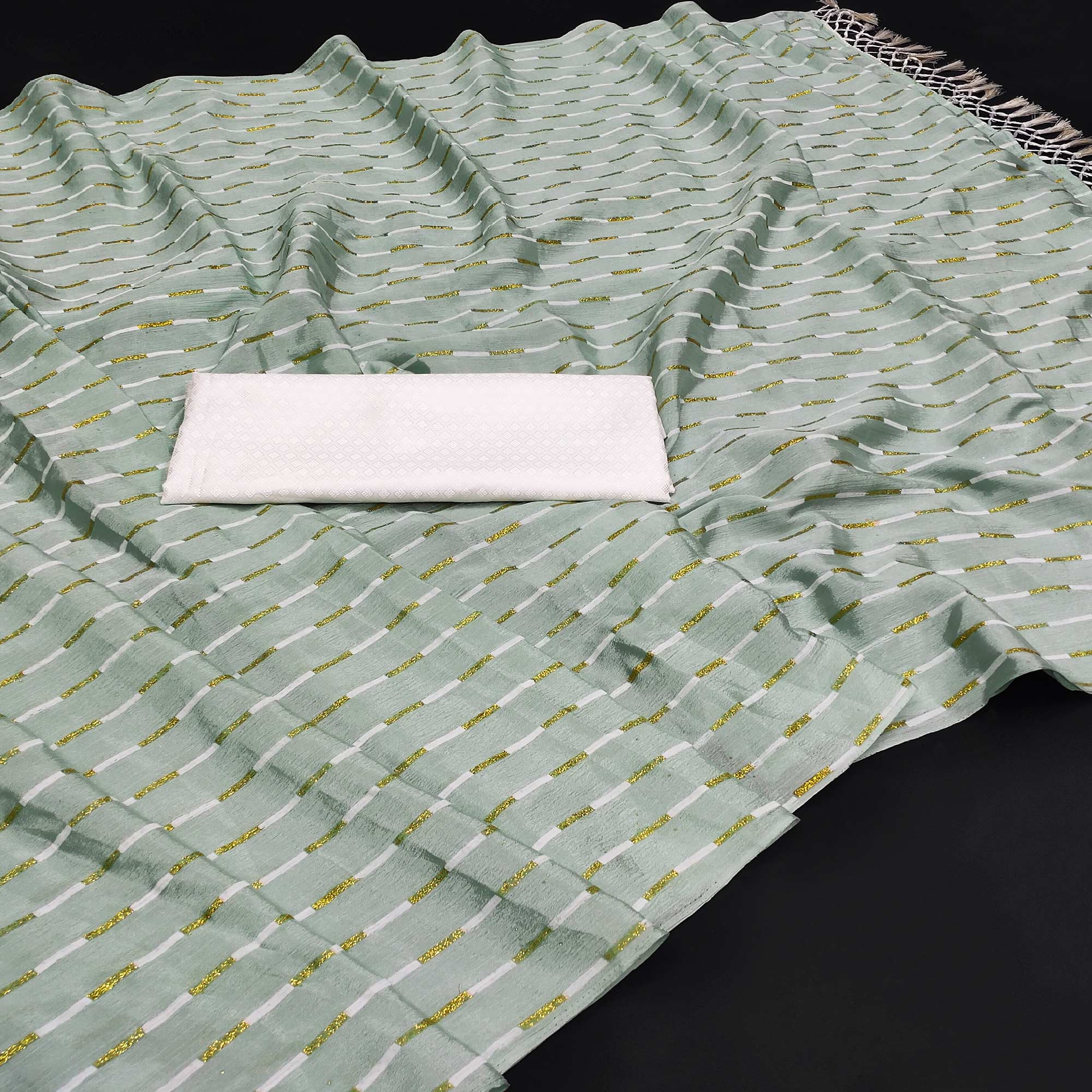Peachmode Mint Green Printed Chiffon Saree With Tassels