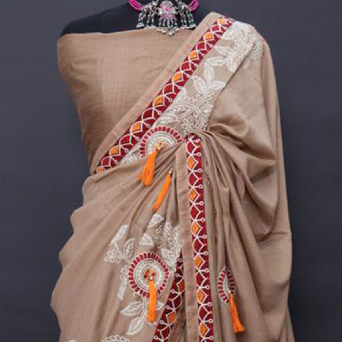Peachmode Dark Chikoo Embroidered Vichitra Silk Saree - view 2