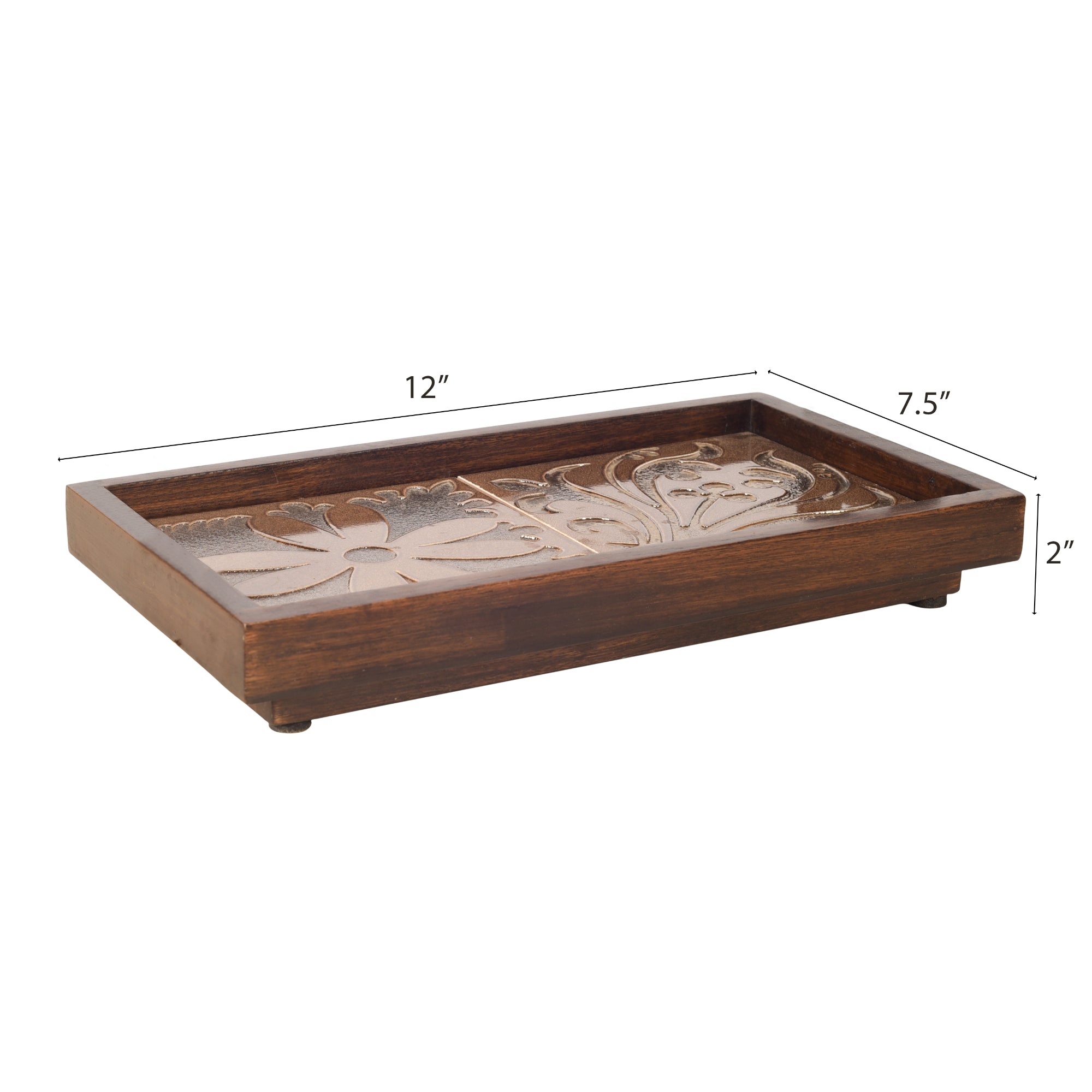 ART CREATIONS BY SUMAN SONTHALIA Brown - Mango Wood Handcrafted Floral Serenade Rectangular Tray (12 x 7.5 in) - view 5