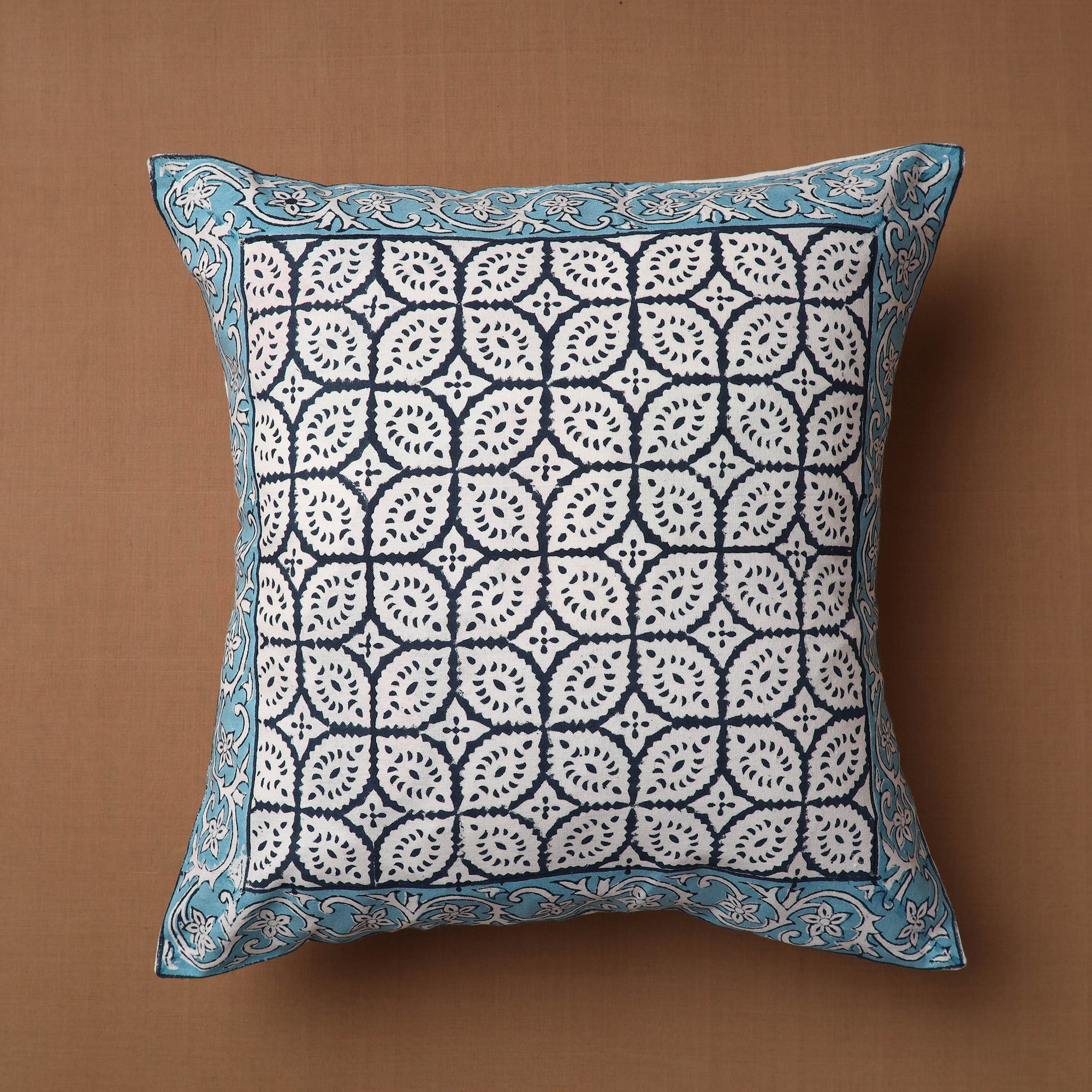 CHUTNEY CRAFT STUDIO Blue - Block Print Cotton Sanganeri Cushion Cover (16 x 16 in)
