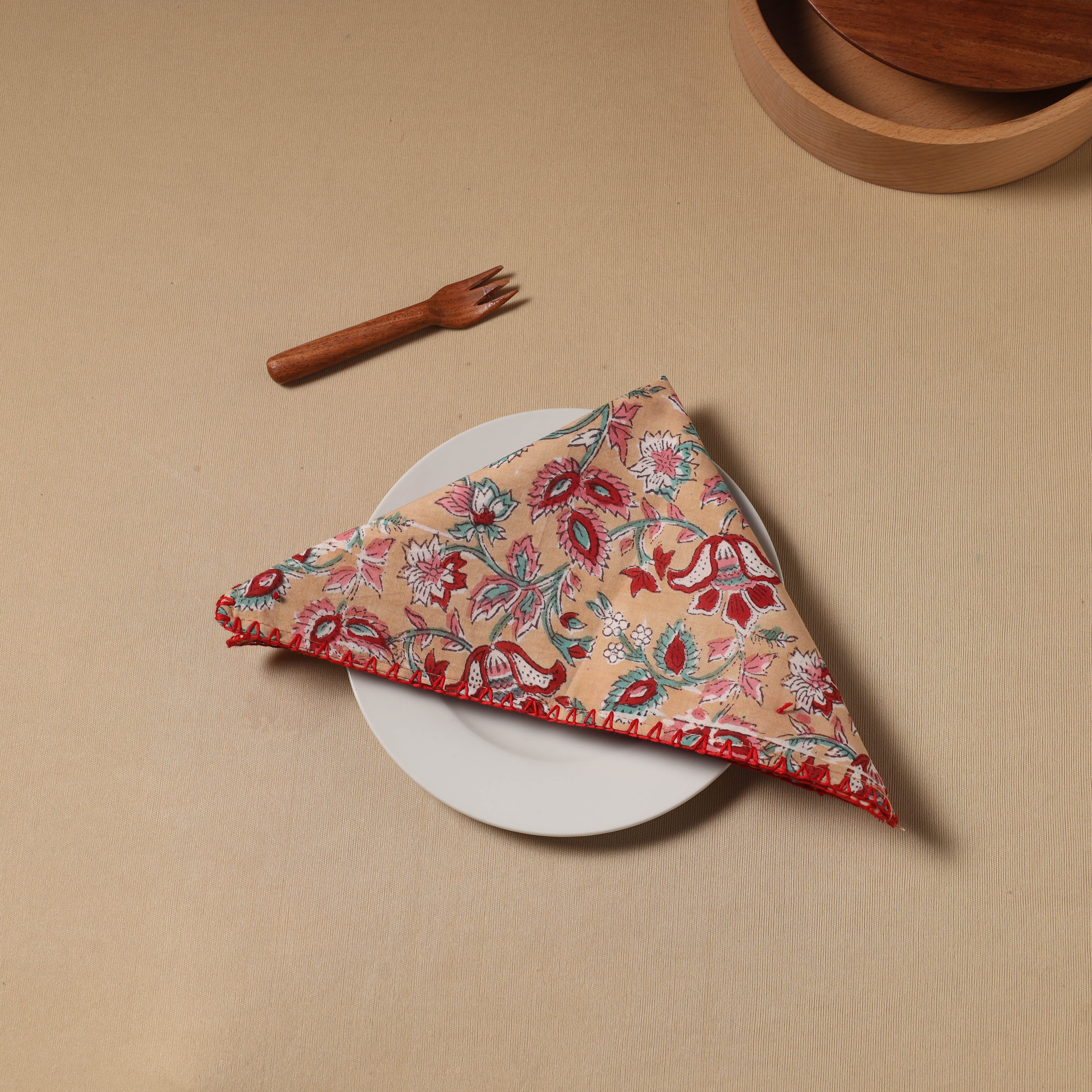NOORI BAZAR Brown - Floral Block Print Cotton Hand Embroidery Table Napkin 06