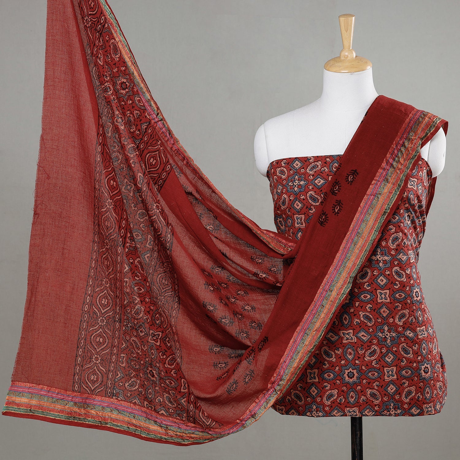 KACHCHH JI CHHAAP Maroon - 3pc Ajrakh Block Printed Cotton Suit Material Set