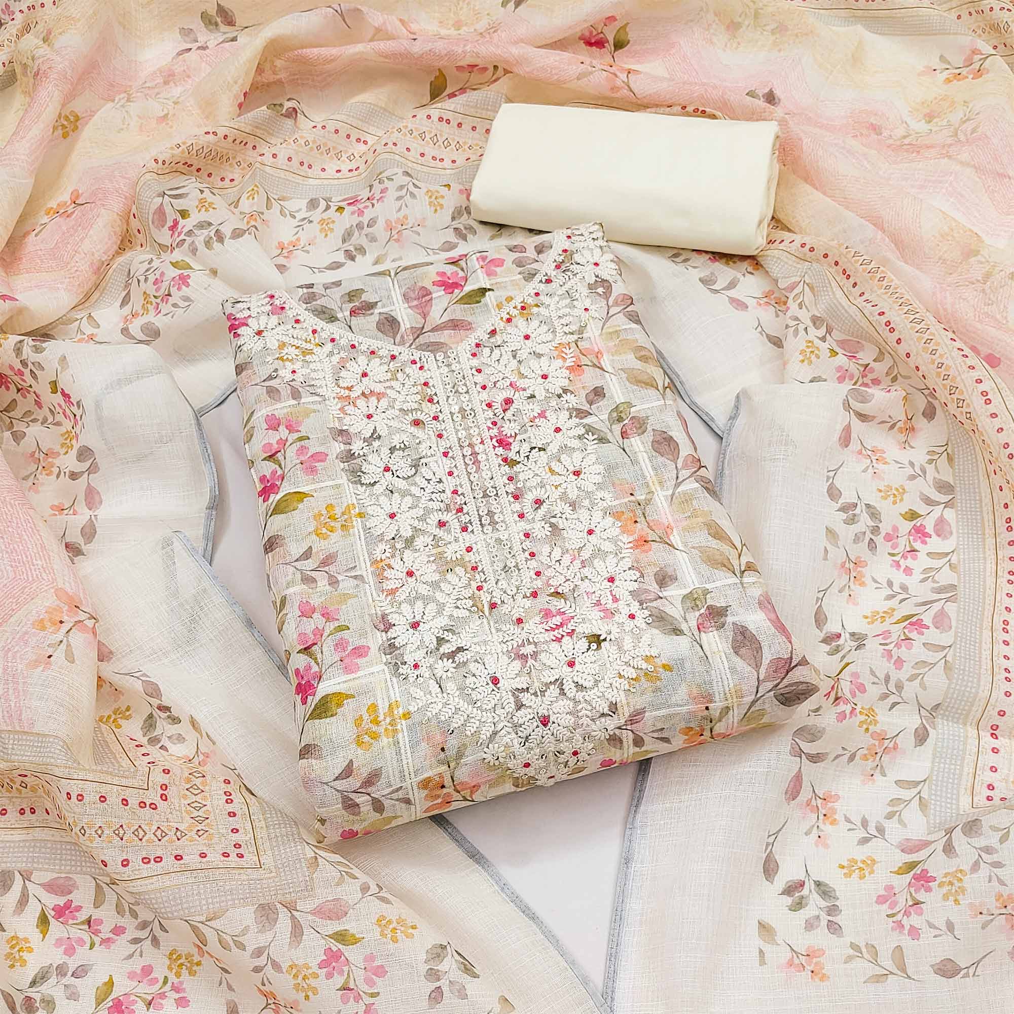 Peachmode Cream Floral Printed With Embroidery Cotton Blend Dress Material