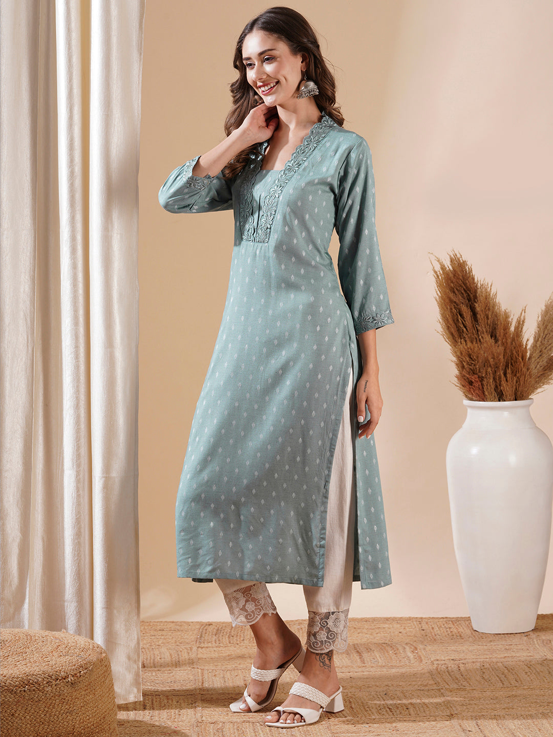 Fashor Woven Dobby Design Resham Embroidered Kurta - Powder Blue - view 4