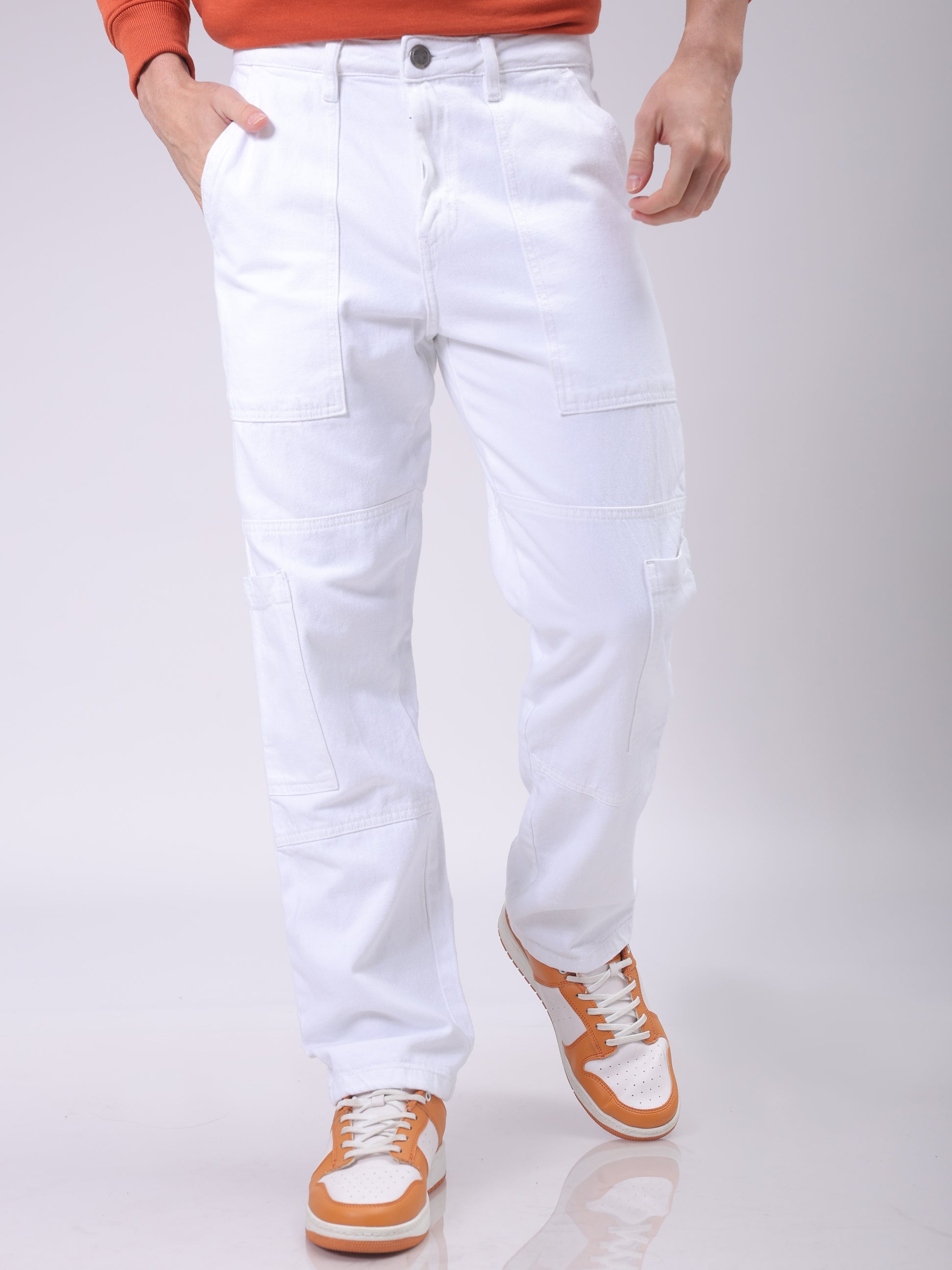 The Indian Garage Co Men's White Dad Fit Solid Utility Cargo Jeans