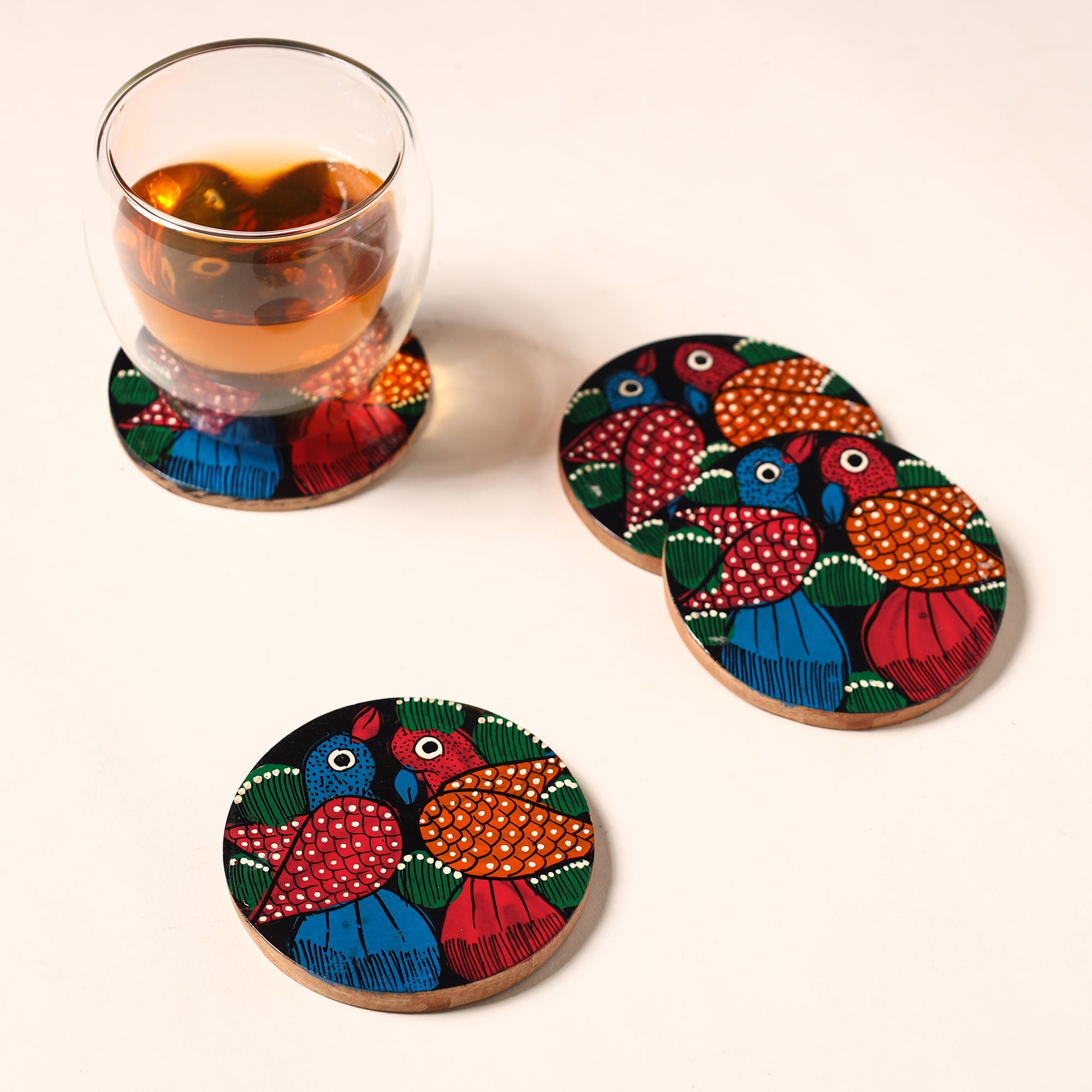 ITOKRI CRAFTS INITIATIVE Bengal Patua Handpainted Akashmoni Wooden Coasters (Set of 4) 29