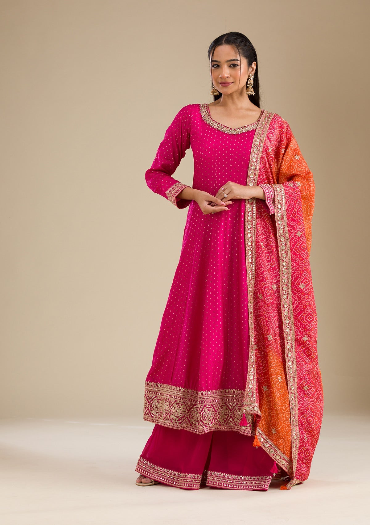 Koskii Rani Pink Stonework Semi Crepe Readymade Salwar Suit