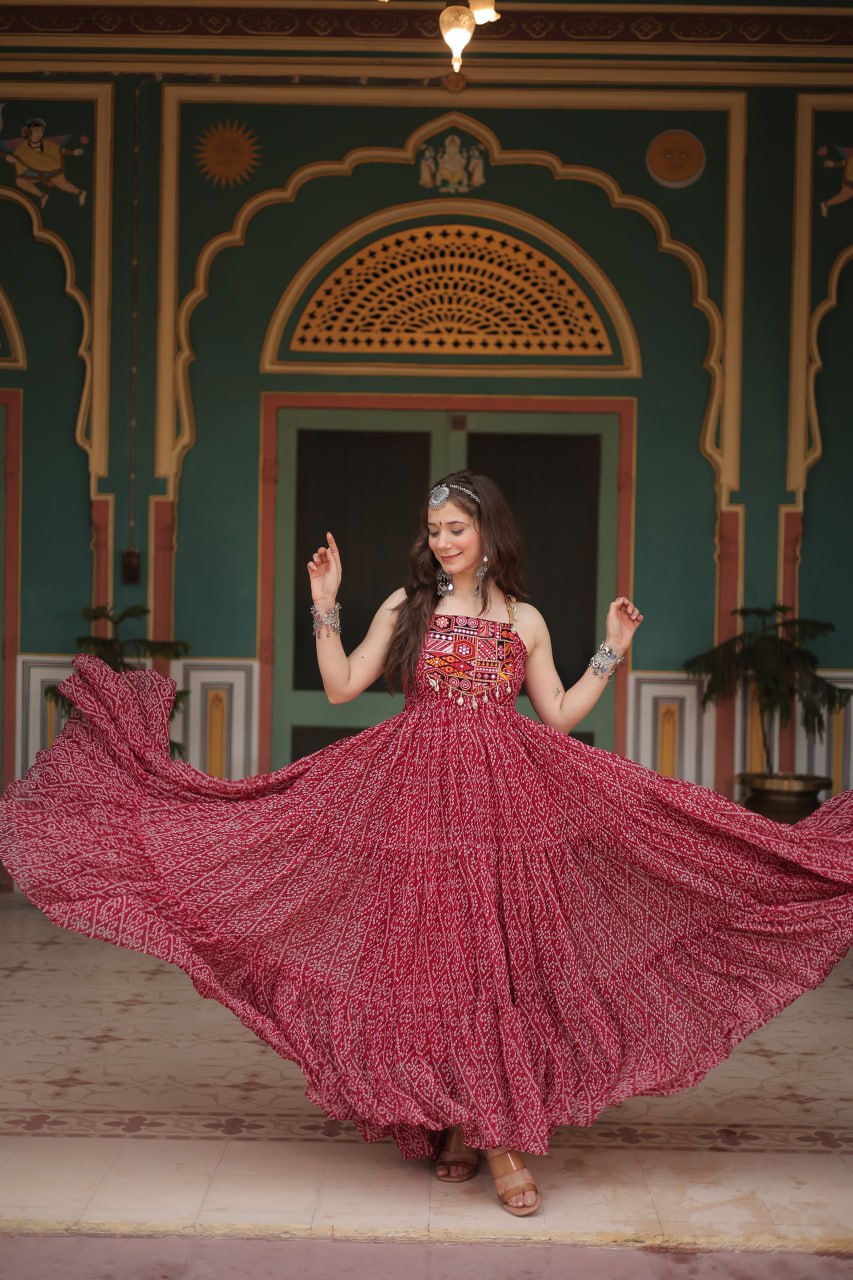ClothsVilla Maroon Bandhani Print Sleeveless Gown with Kutchi Patchwork - view 2