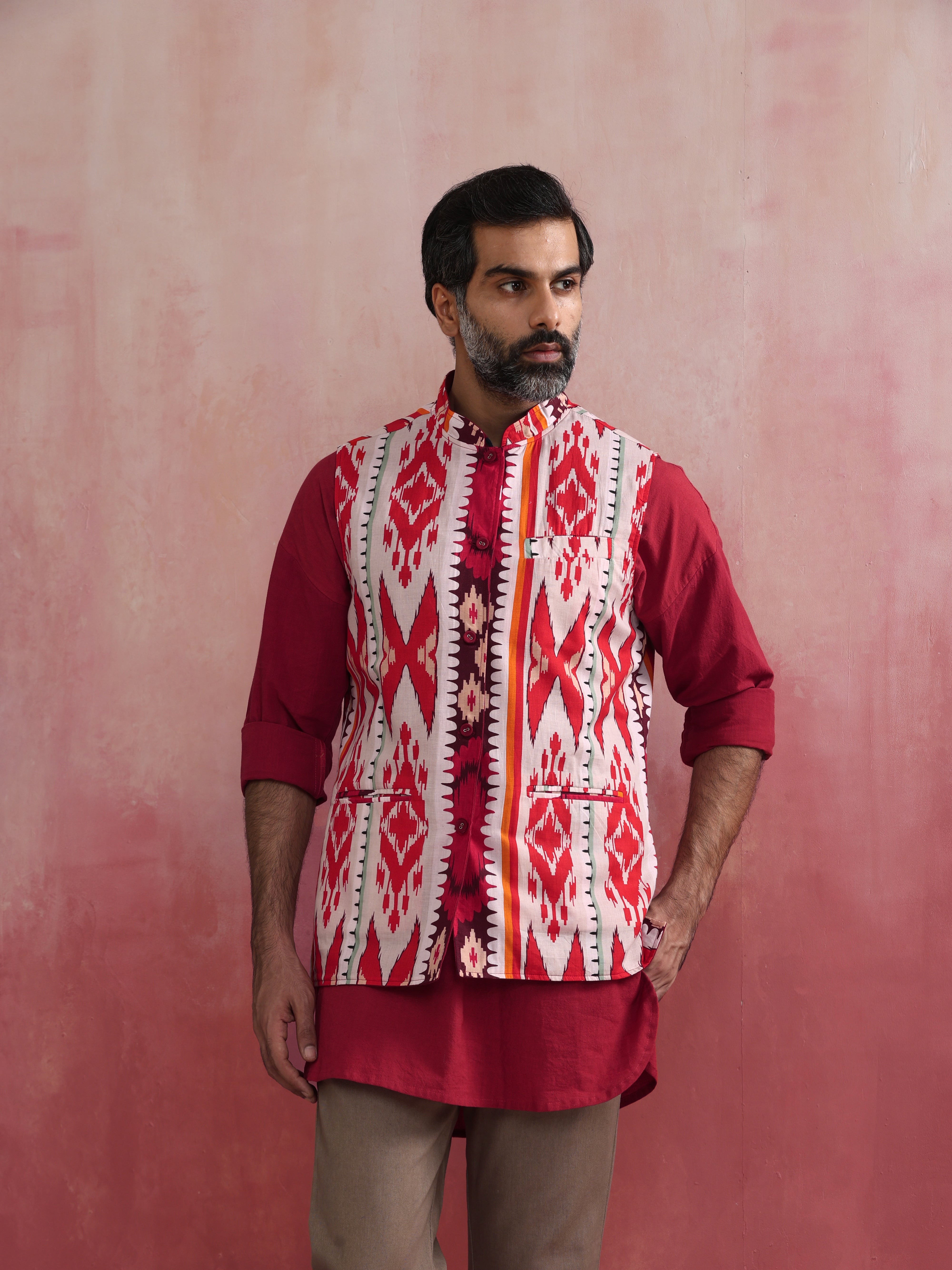 trueBrowns Men's Maroon Ikat Reversible Nehru Jacket - view 2