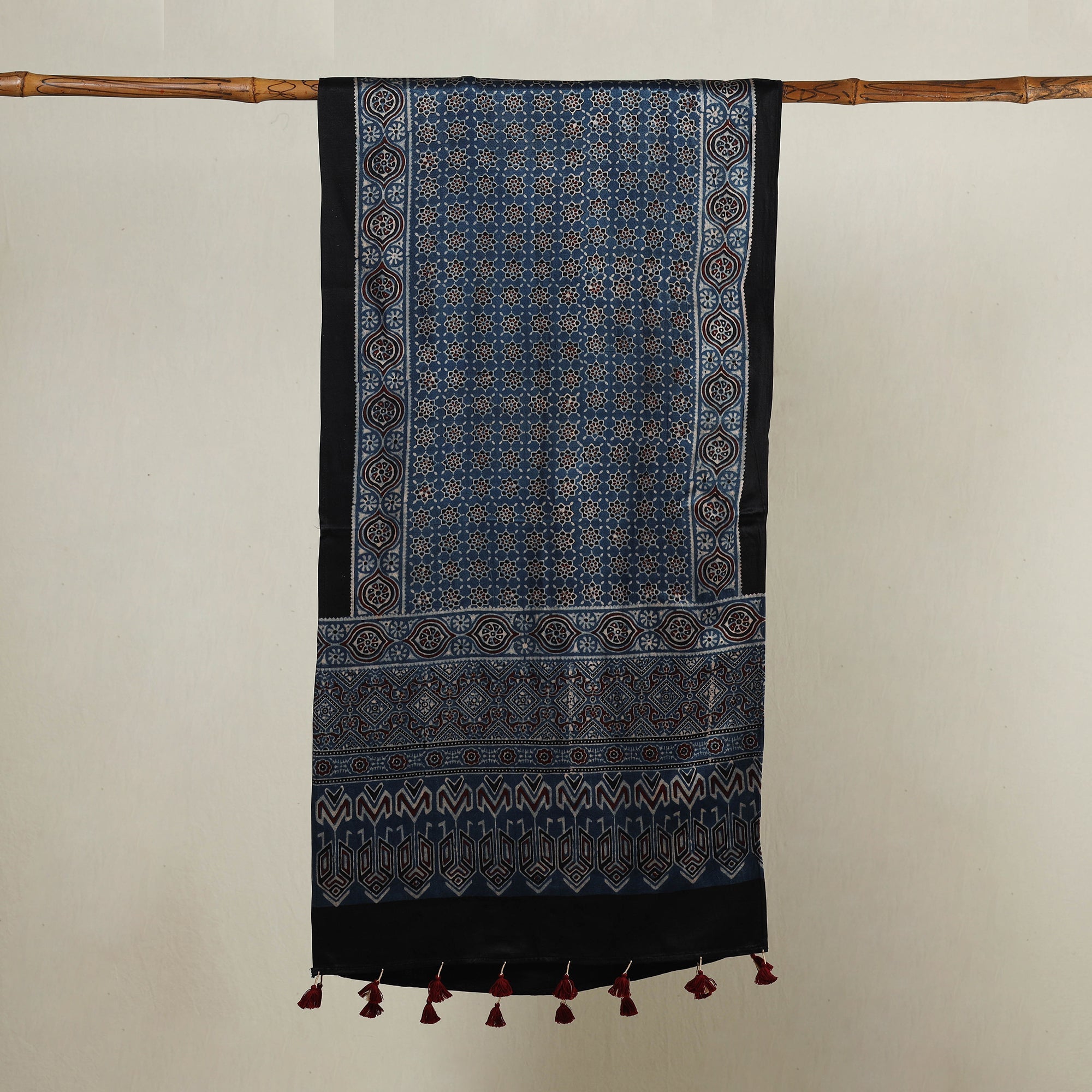 RIYAZ ABDULMAJID KHATRI - AJRAKH Blue - Ajrakh Hand Block Printed Mashru Silk Stole with Tassels - view 2
