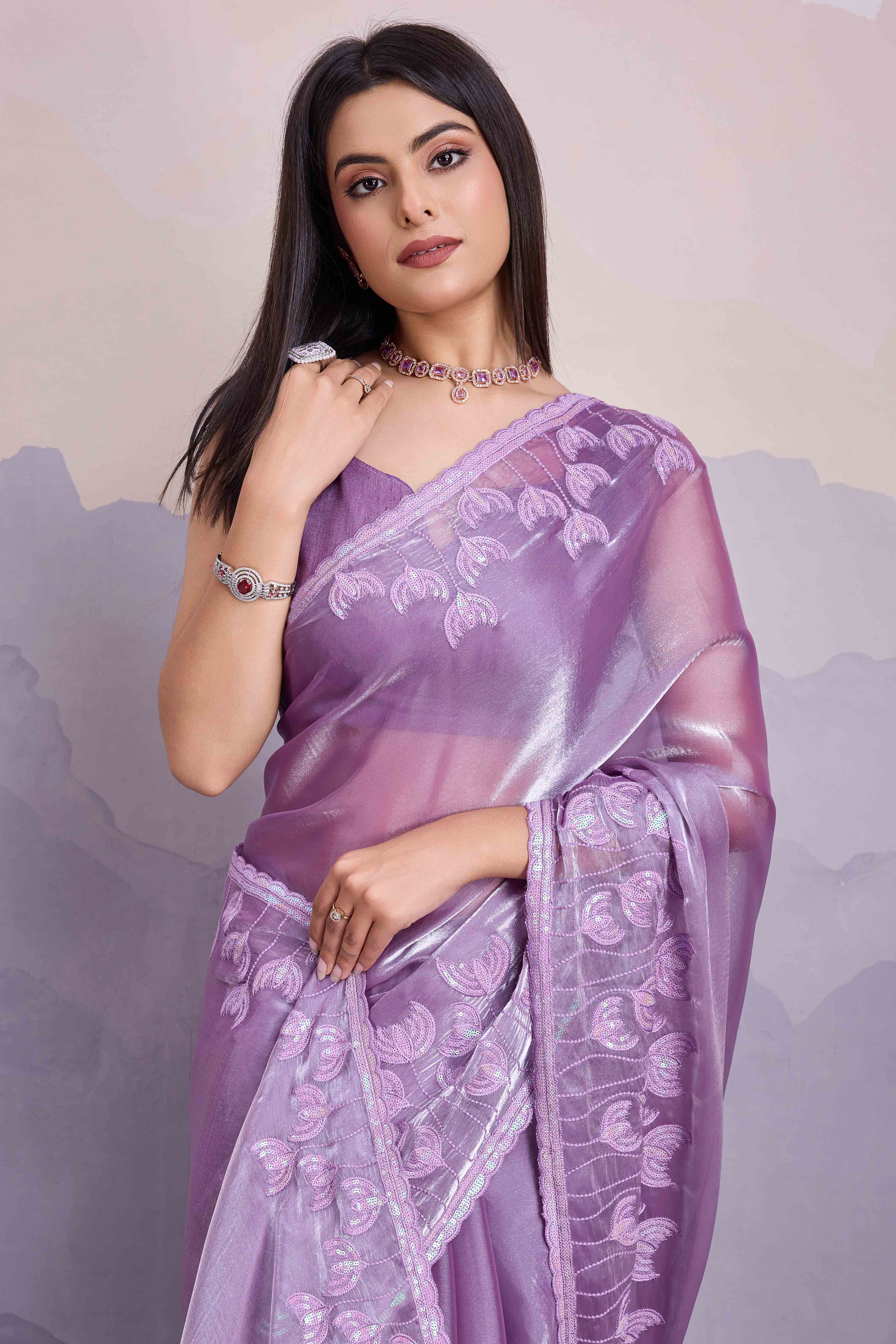 Peachmode Lavender Floral Sequins Embroidered Jimmi Choo Zoya Silk Saree - view 6
