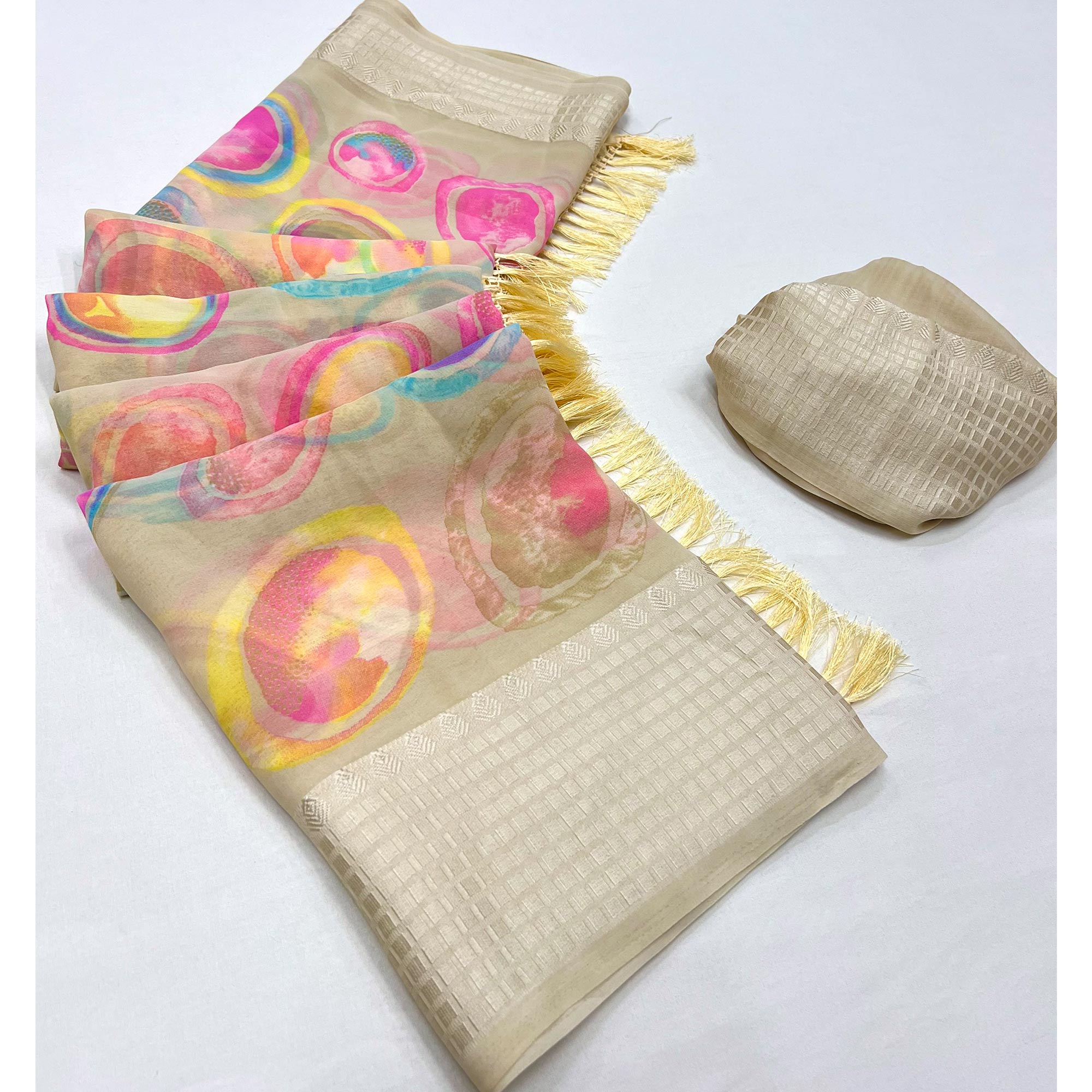 Peachmode Chikoo Printed Georgette Saree With Tassels - view 3