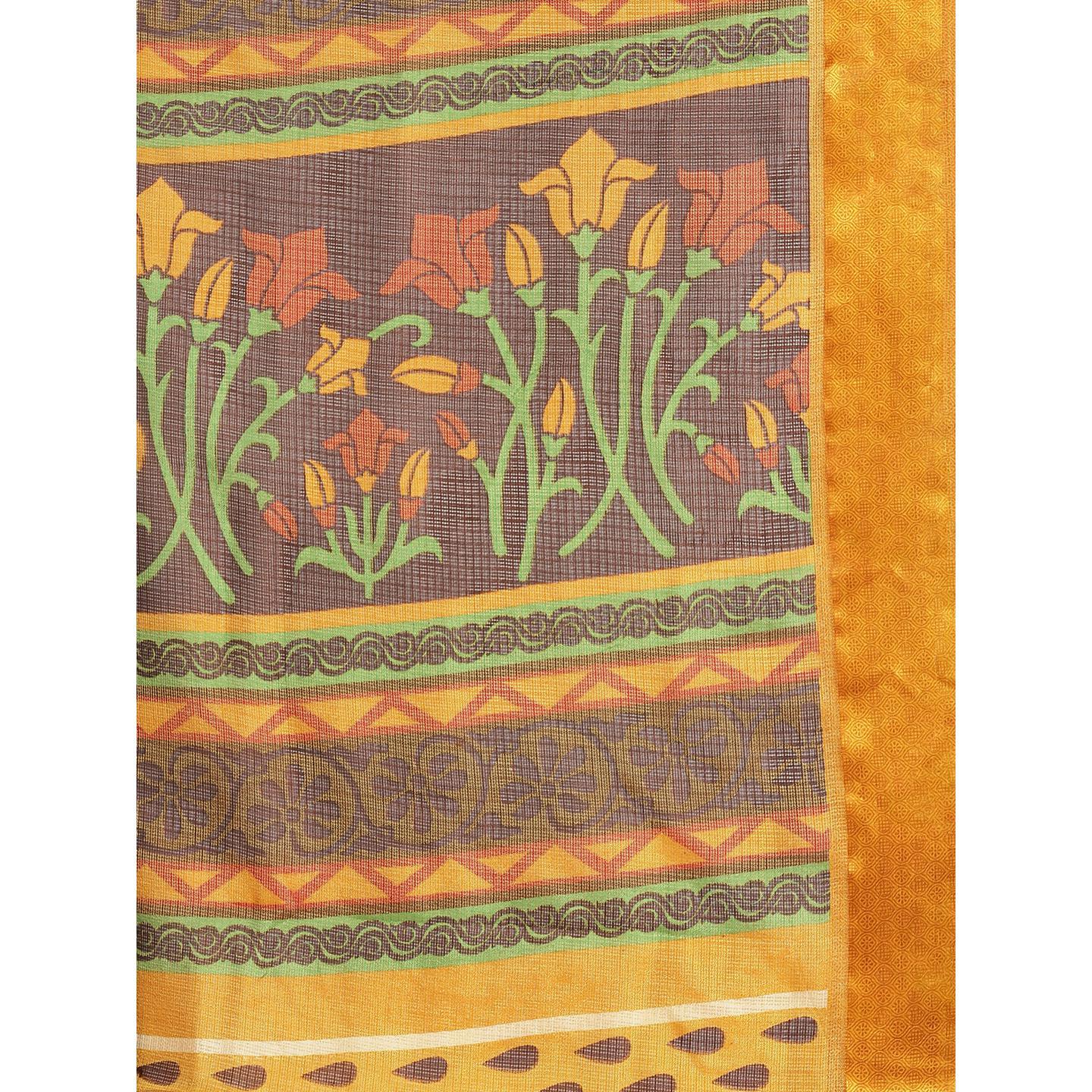 Peachmode Brown Casual Brasso Printed Saree With Unstitched Blouse - view 2