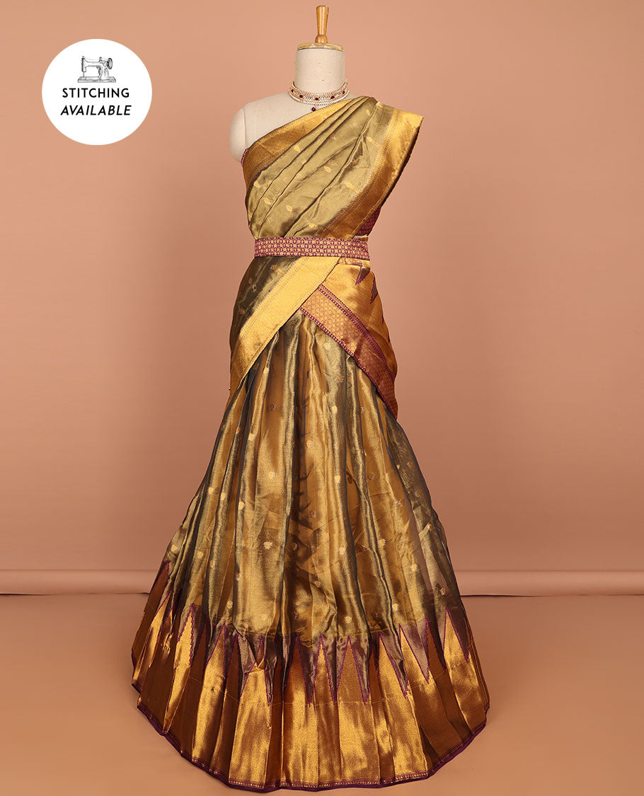 Pothys Brown buttas art silk half saree with contrast zari border, argyle pattern blouse & buttas with zari border dhavani