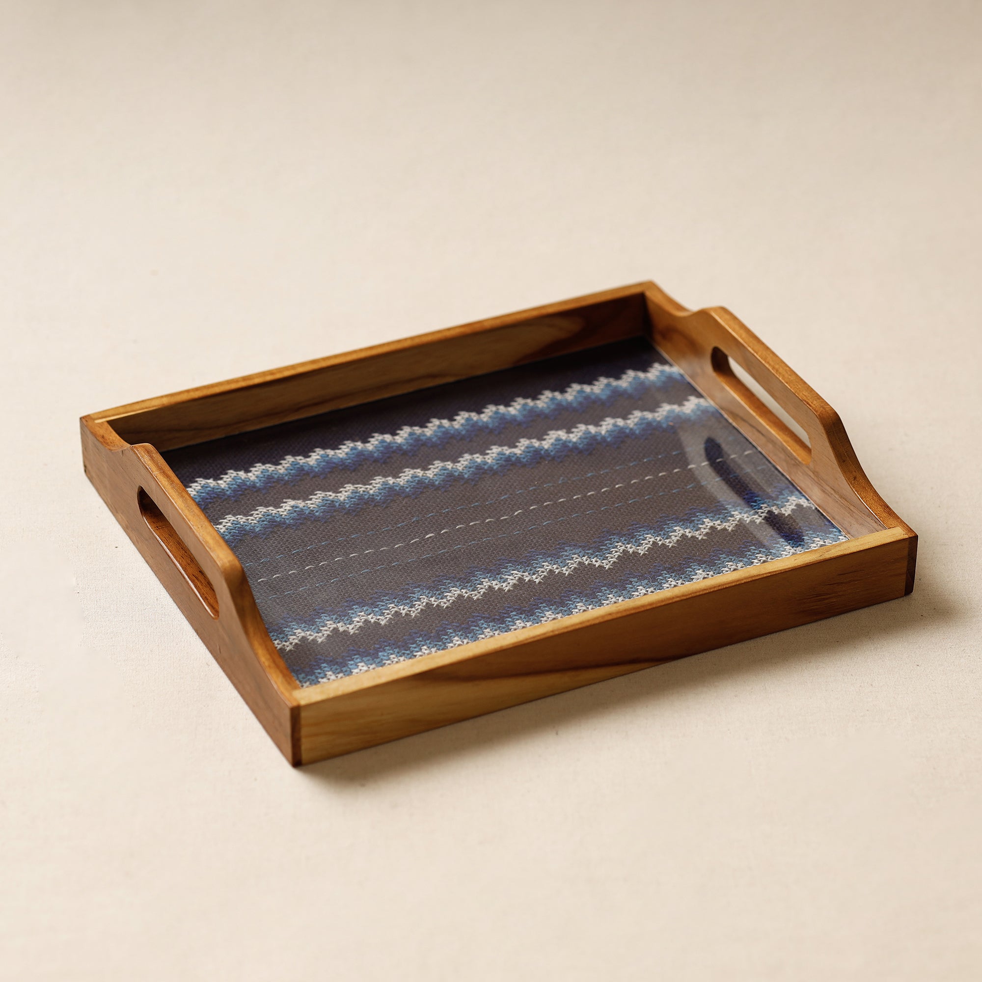 KAMLI Black - Tribal Hand Embroidered Sagwan Wood Tray