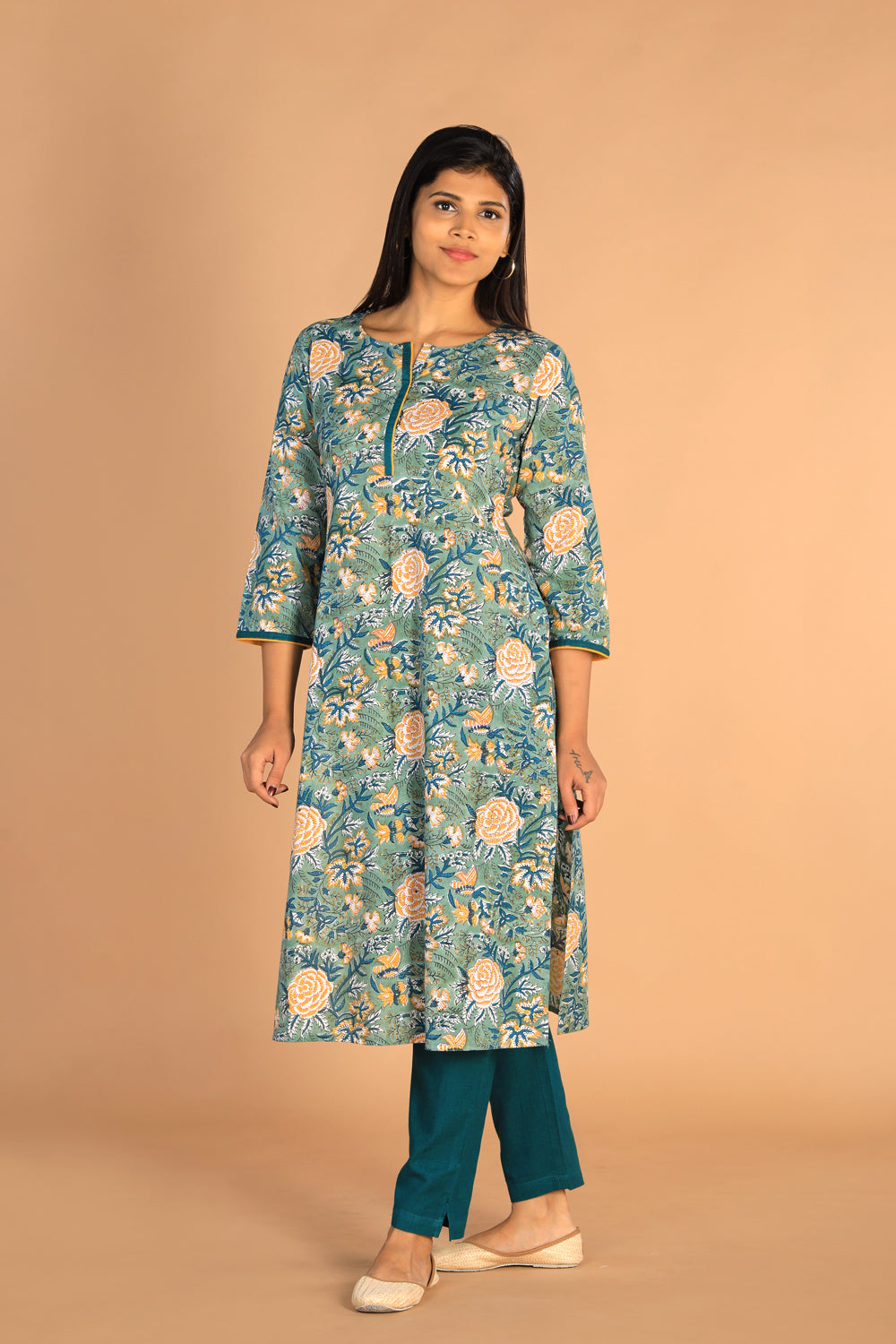 Kalanjali Ethnics Floral Sanganeri hand block printed cotton dress