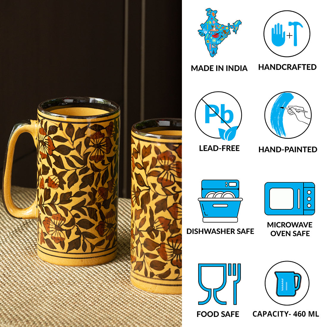 EXCLUSIVELANE 'Mughal Floral' Handpainted Ceramic Milk & Beer Mugs (Set of 2, 460 ML, Microwave Safe) - view 4